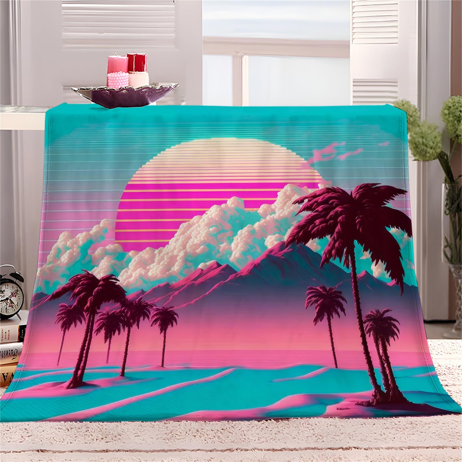 Couverture Flanelle Doux et Confortable 150x200 cm Soleil Rose de Dessin Animé Paysage de Montagne Motif Couverture Plaid Polaire Couverture de Canapé Lavable, Couverture pour Chambre Canapé et Lit