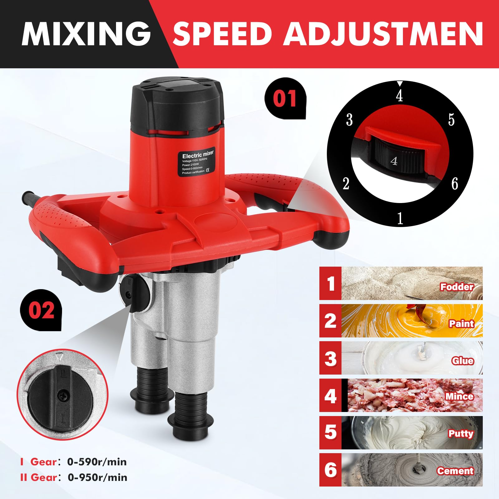 Betoniera da 2100 W, doppia pagaia aggiornata, miscelatore portatile con 6 velocità, 950 giri/min, miscelatore di fango portatile per malta, vernice, malta, intonaco, thinset, strumento di