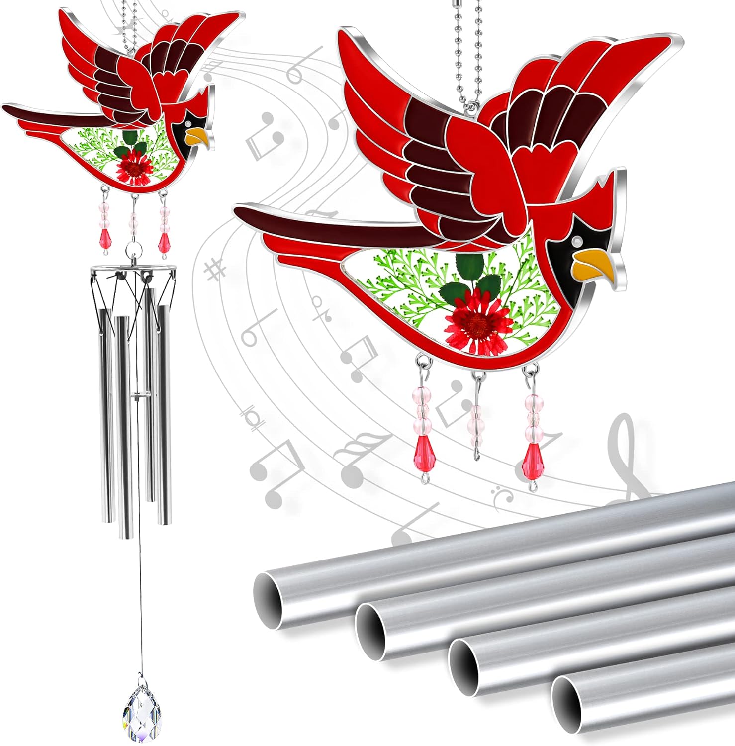 Cardinal Suncatcher Wind Chime, Pressed Real Embedded in Glass, Silver & Zinc Alloy with Crystal, Hanging Wind Chime for Home Garden Decor(Cardinal)
