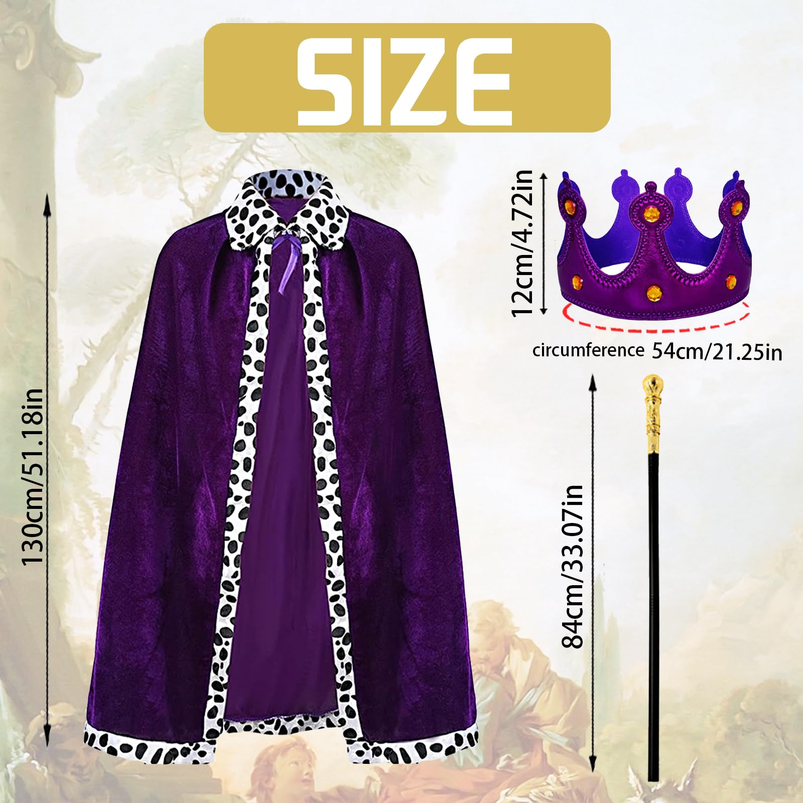 YOUYIKE 3 Pezzi Costume Da Re Per Adulti, Mantello Reale Costume, Mantello Del Re con Corona e scettro, per Carnevale Halloween Natale Festa Festa a 130cm