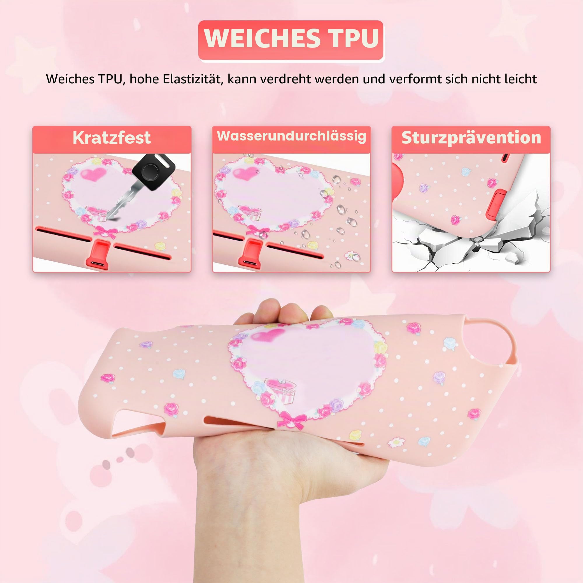 RHOTALL Tragetasche Schutzhülle für Nintendo Switch Lite, niedliche TPU-Abdeckung mit verstellbarem Schultergurt, Displayschutz und Daumenkappen, rosa Hase