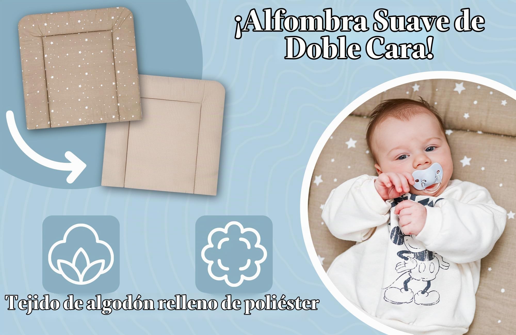 Colchon cambiador bebe comoda 75x72 cm - colchón de algodón impermeable y plegable portátil para cómoda fácil de limpiar cojin muda trocador 75 x 72 Oeko-Tex Beige con estrellas blancas