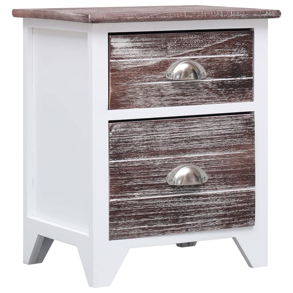 Table de chevet marron et blanc 38x28x45 cm en bois de paulownia avec 2 tiroirs