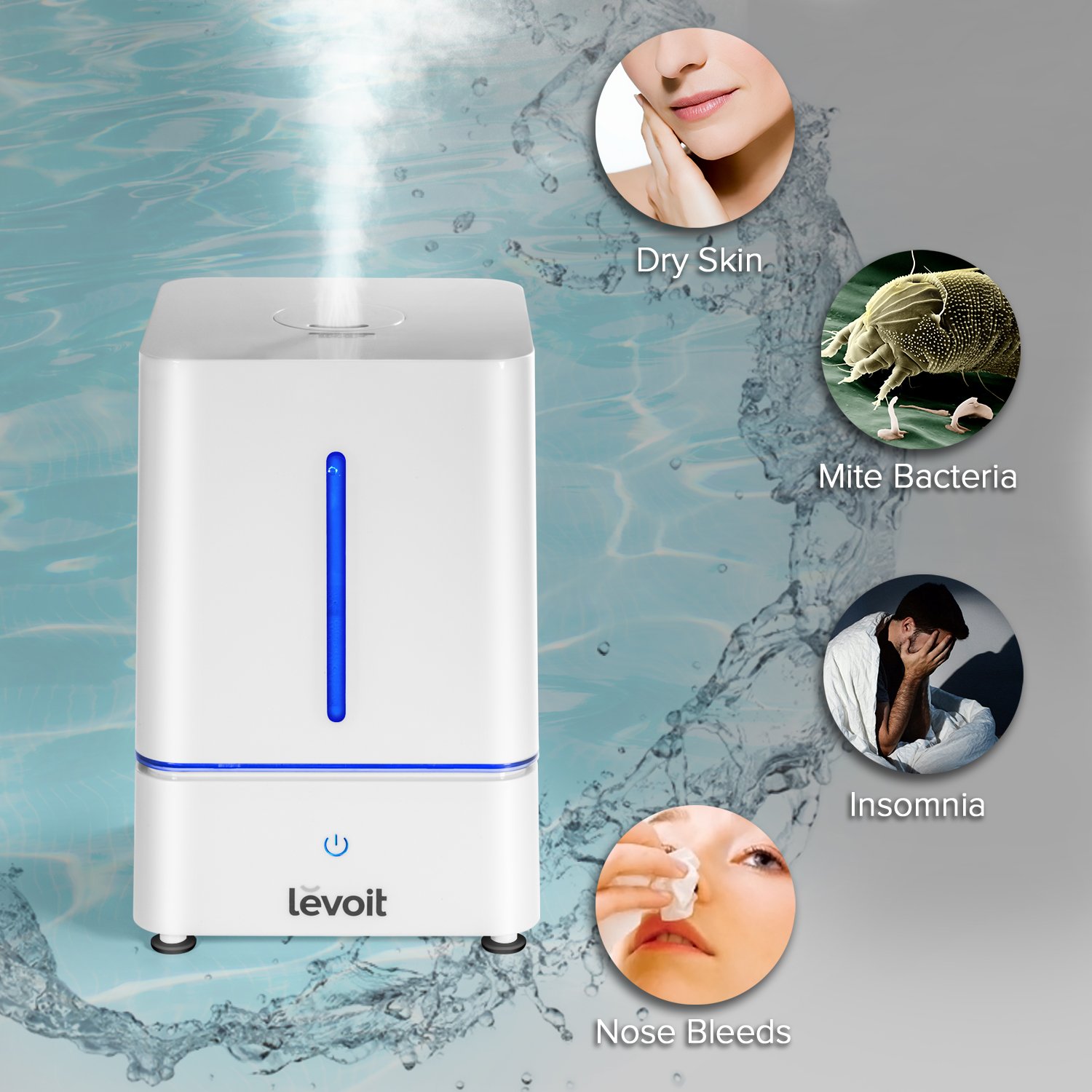 Humidifier emitting mist, surrounded by icons representing benefits like relief from dry skin, mite bacteria, insomnia, and nosebleeds
