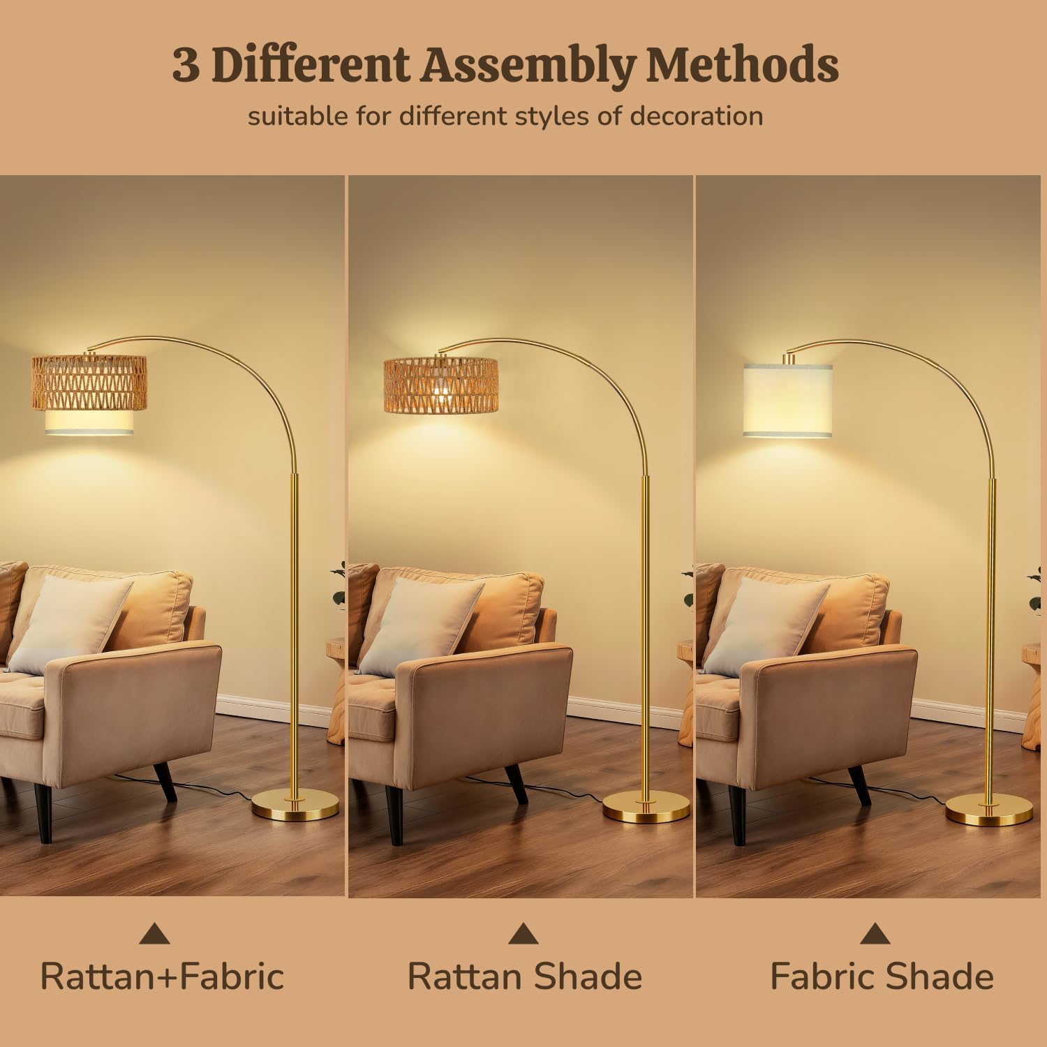 Gold Floor Lamps for Living Room, Arc Floor Lamp with Remote & Dimmable Bulb, Boho Standing lamp with 3 Color Temperatures, Adjustable Rattan & Fabric Shades Tall Lamp, Over Couch Reading Lamp