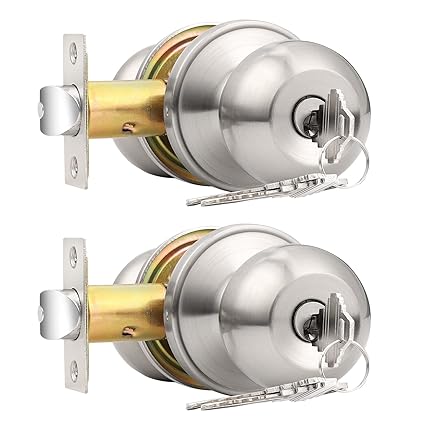 Probrico 2 Pack Keyed Alike Entry Door Knobs with Lock and Key Ball Door Knob Handles Entrance Door Lockset Satin Nickel Finish