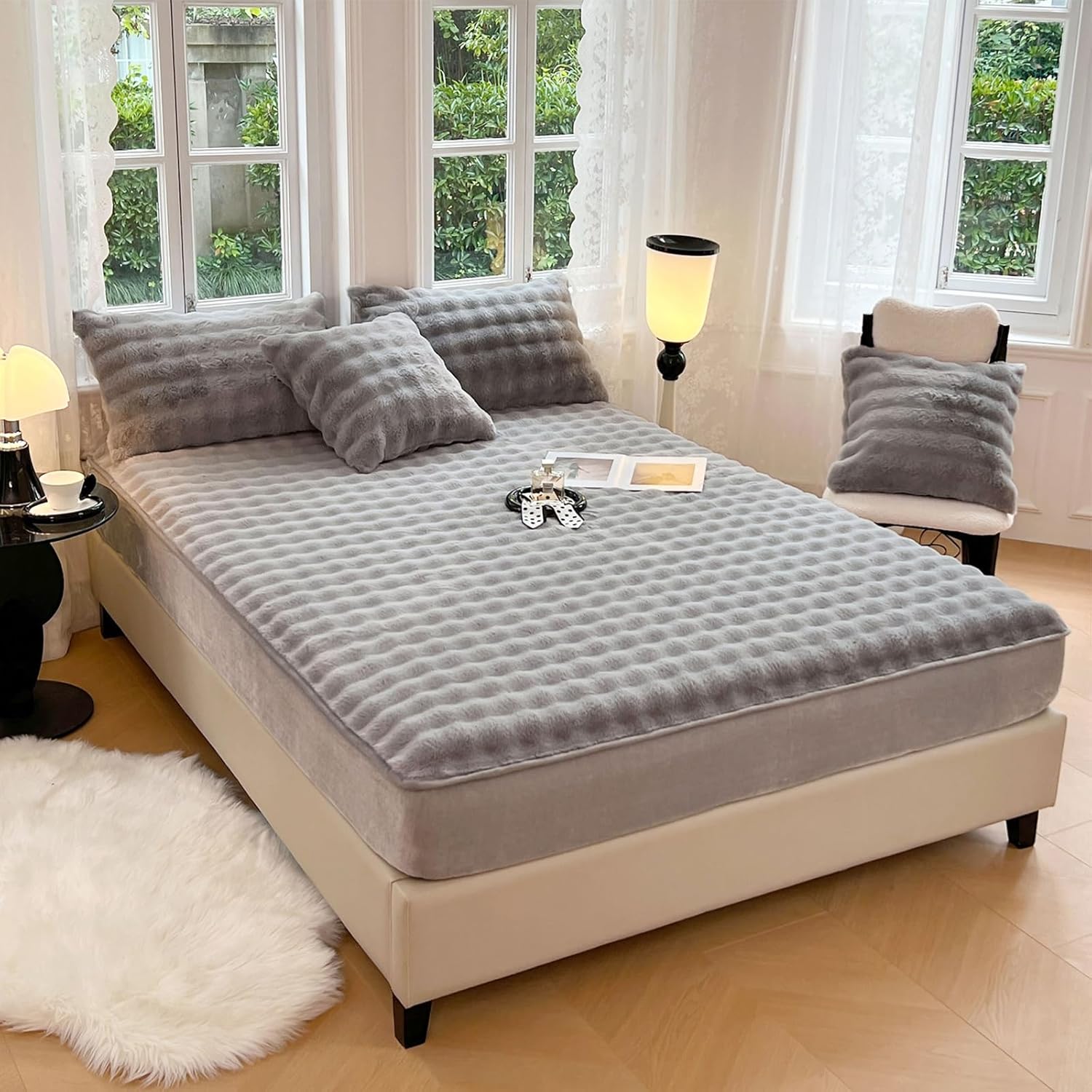 Plush Shaggy Fitted Sheet Full Size -Velvet Fitted Sheet Faux Fur Bottom Sheet with 15" Deep Pocket, Flannel Warm Tie Dyed Mattress Cover,No Pillowcases,Gray