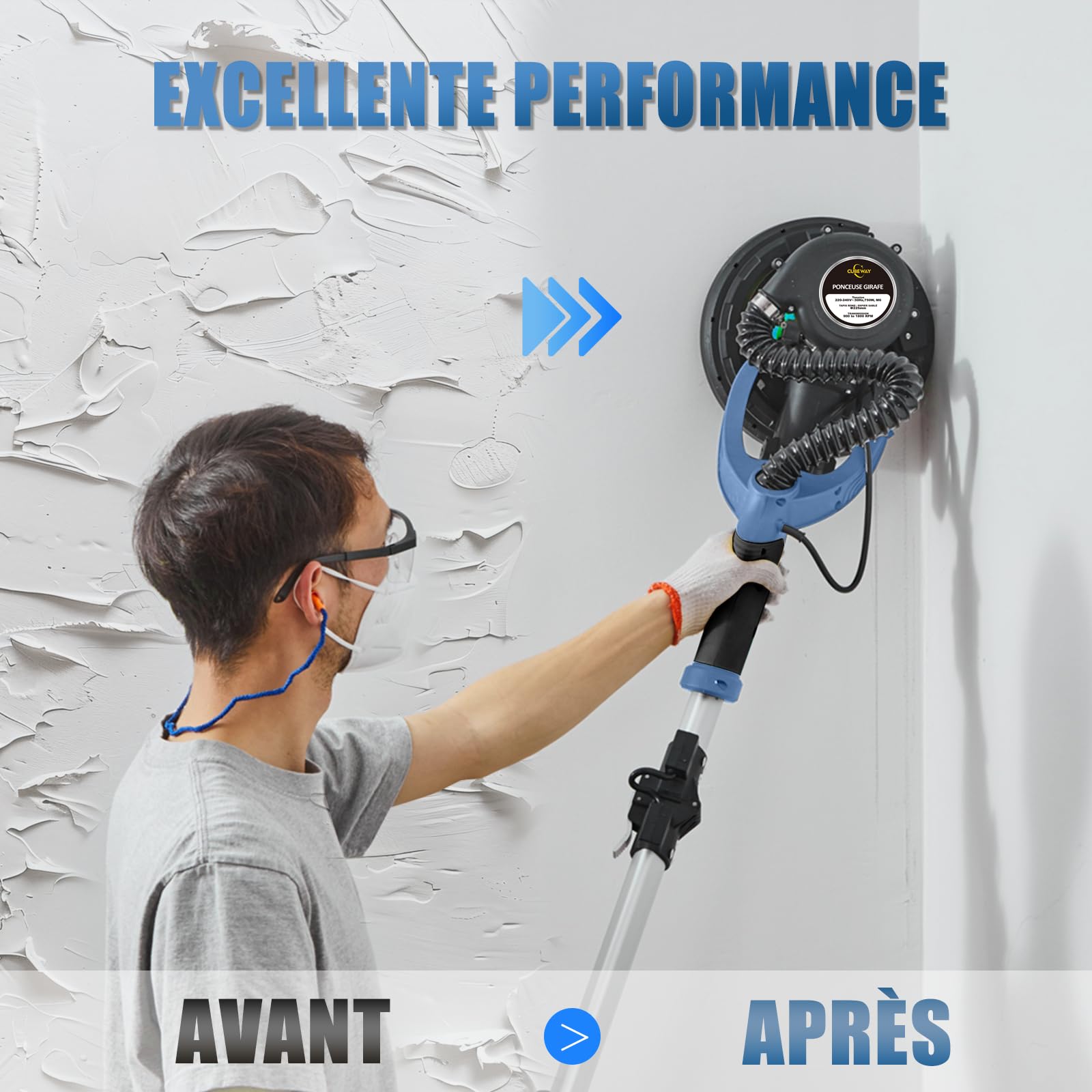 Levigatrice Giraffa 750 W professionale con sistema di vuoto automatico e luce LED, Levigatrice da parete e soffitto telescopico, diametro 215 mm, 7 velocità 900-1800 giri/min (blu)