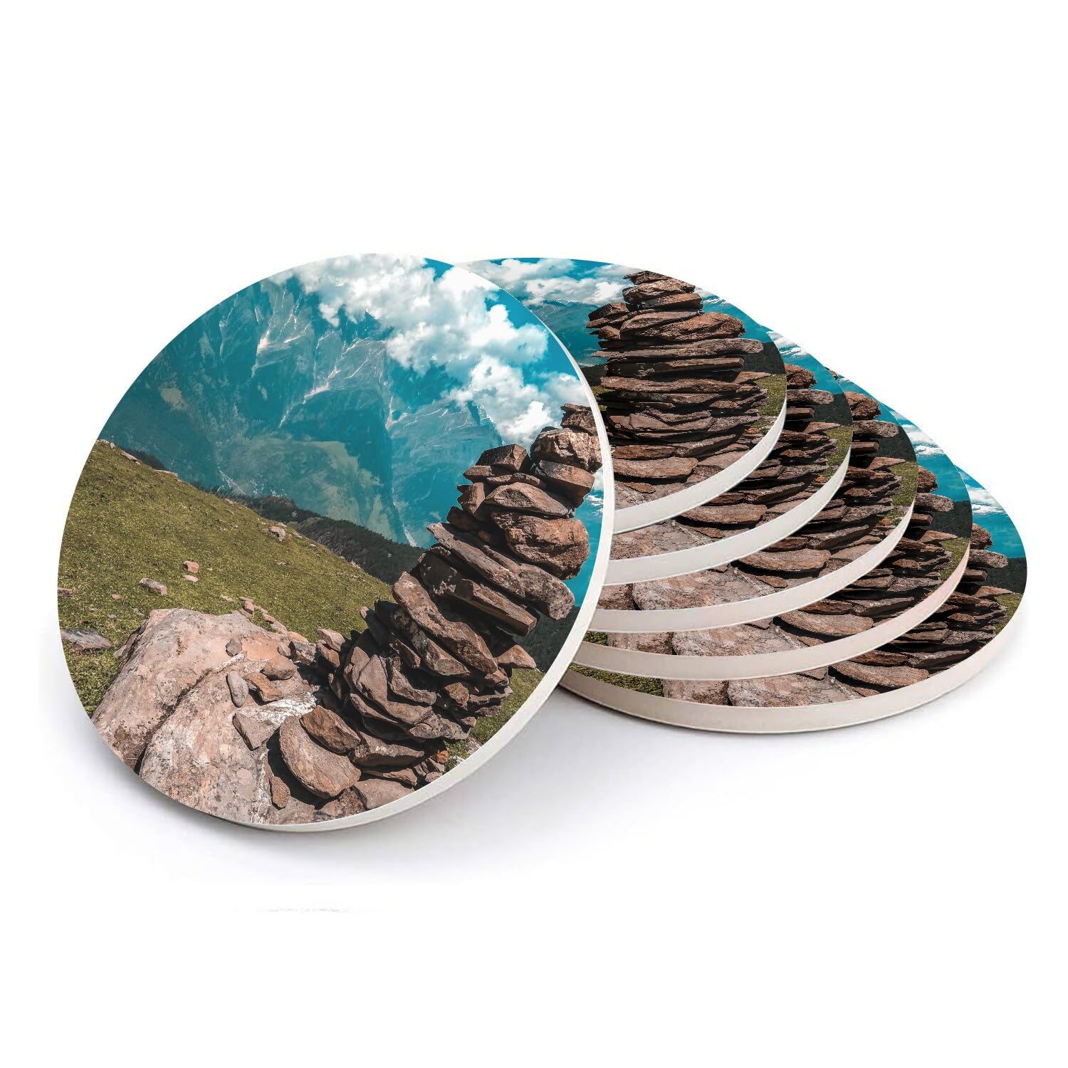 Sous-verre ronds en céramique anti-tache motif montagne x6