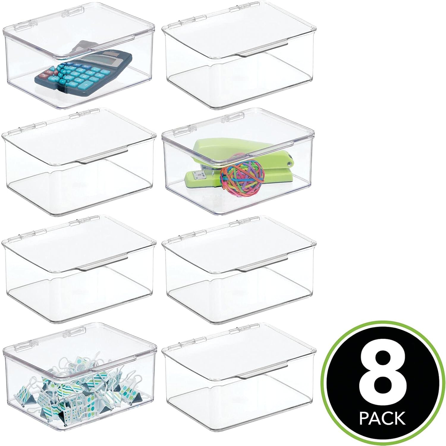 mDesign Small Mini Plastic Stackable Home, Office Supplies Storage Organizer Box with Attached Hinged Lid - Holder Bin for Note Pads, Gel Pens, Staples, Dry Erase Markers, Tape - 8 Pack - Clear: Home & Kitchen
