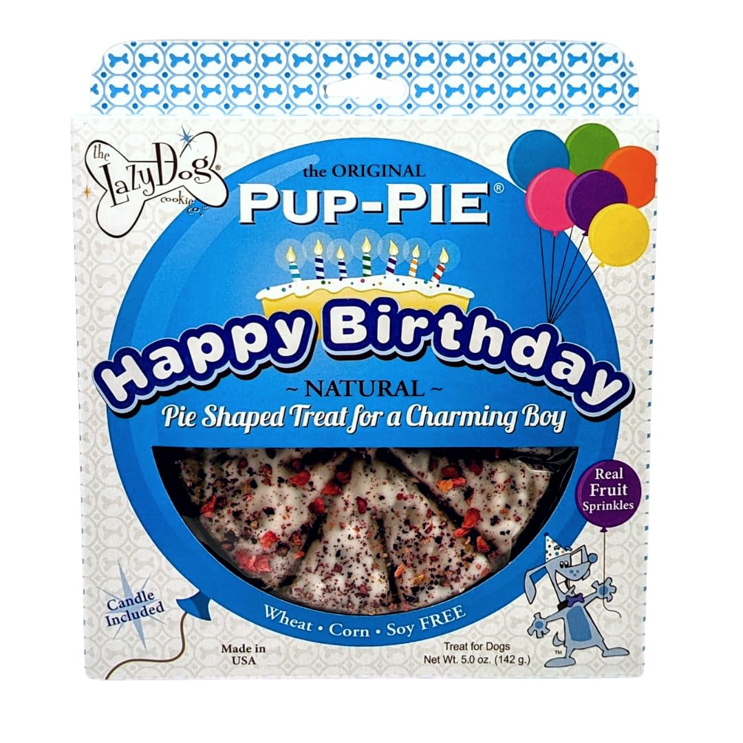 Lazy Dog Cookie Co. The Original Pup-PIE 142g – Baked Dog Birthday Treat with Pumpkin & Peanut Butter – 10 Pre-Cut Slices with Fruit Sprinkles – Made in USA – Happy Birthday Charming Boy