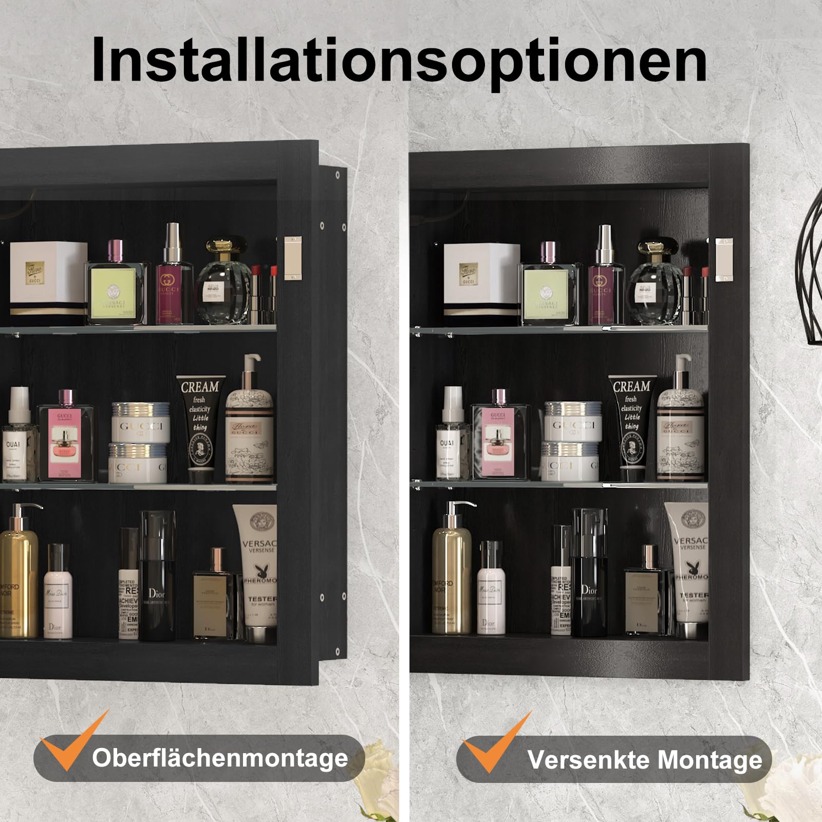KEEPREAPER ovaler Spiegelschrank Bad mit Beleuchtung, Badschrank schwarz