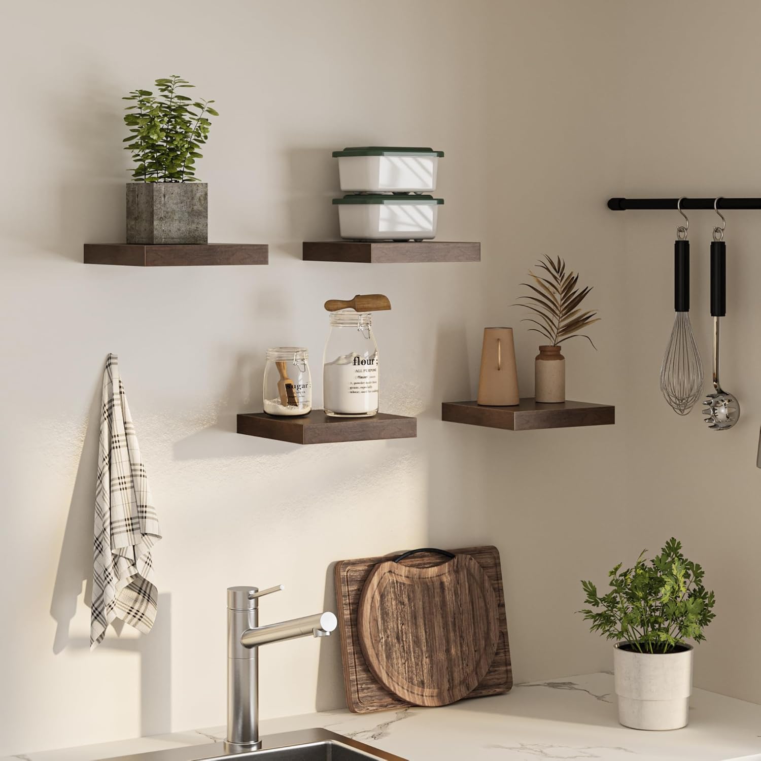 Square Floating Shelves for Wall, 10" W x 10" D x 1.4" H, Small Wooden Wall Mounted Display Shelves with Invisible Brackets for Living Room, Bedroom, Bathroom, Kitchen Decor, Set of 4, Walnut