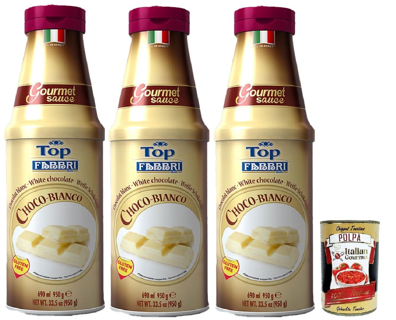 Fabbri Topping Salsa Cioccolato Bianco, Chocolate blanco para helados, postres y café, 3 x 950 g salsa lista para usar sin gluten + polpa italiana gourmet 400 g