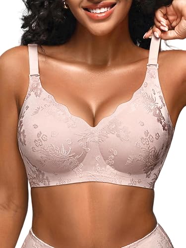 Wireless Jelly Bras for Women No Underwire, Seamless Comfortable Jacquard Bralettes, Padded Convertible Bra
