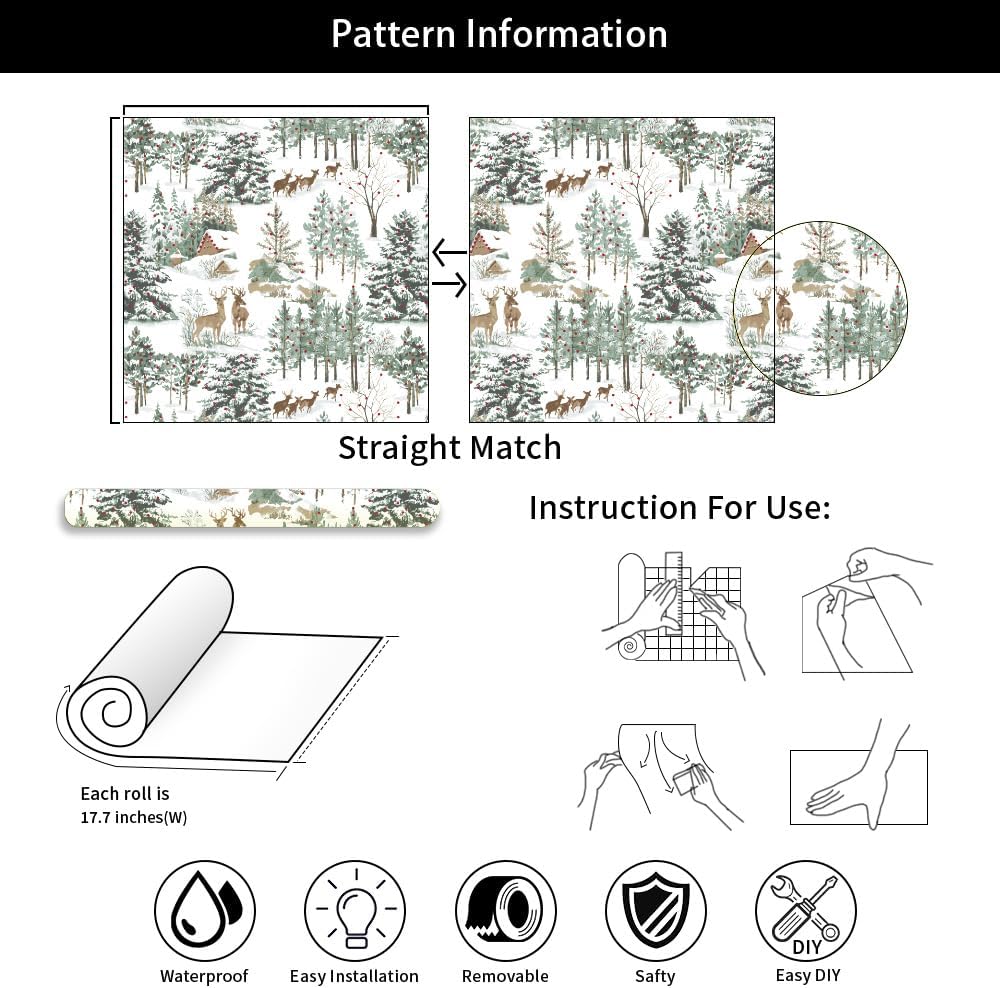 18"x236" Winter Snow Deer Animal Forest Peel and Stick Self Adhesive Wallpaper Removable Contact Paper Stick on Easy Peel Off Wall Paper for Kitchen Bedroom Bathroom Renter