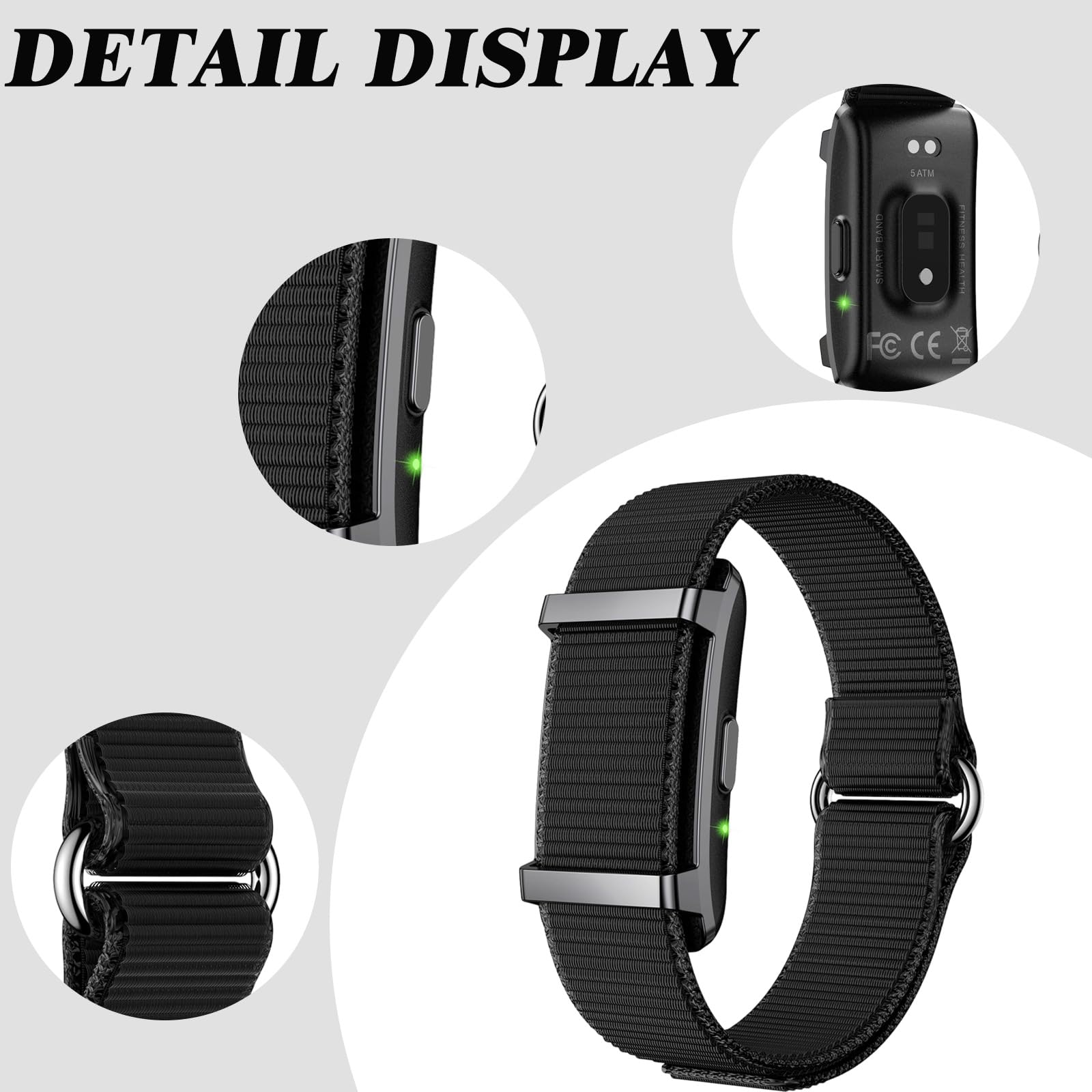 Fitness Tracker senza schermo, cinturino ricaricabile con app, include cavo di ricarica e cinturino in tessuto extra, leggero da indossare per il monitoraggio della salute (nero)