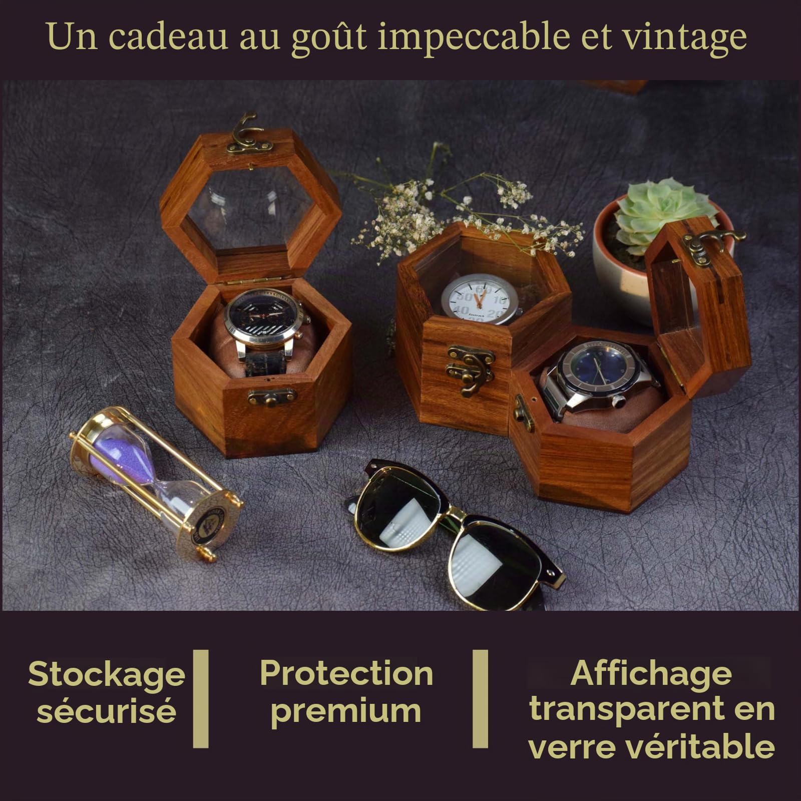 Boîte à Montres Double Fente pour Homme - Rangement en Palissandre Foncé - Cadeau de Saint-Valentin - Organisateur