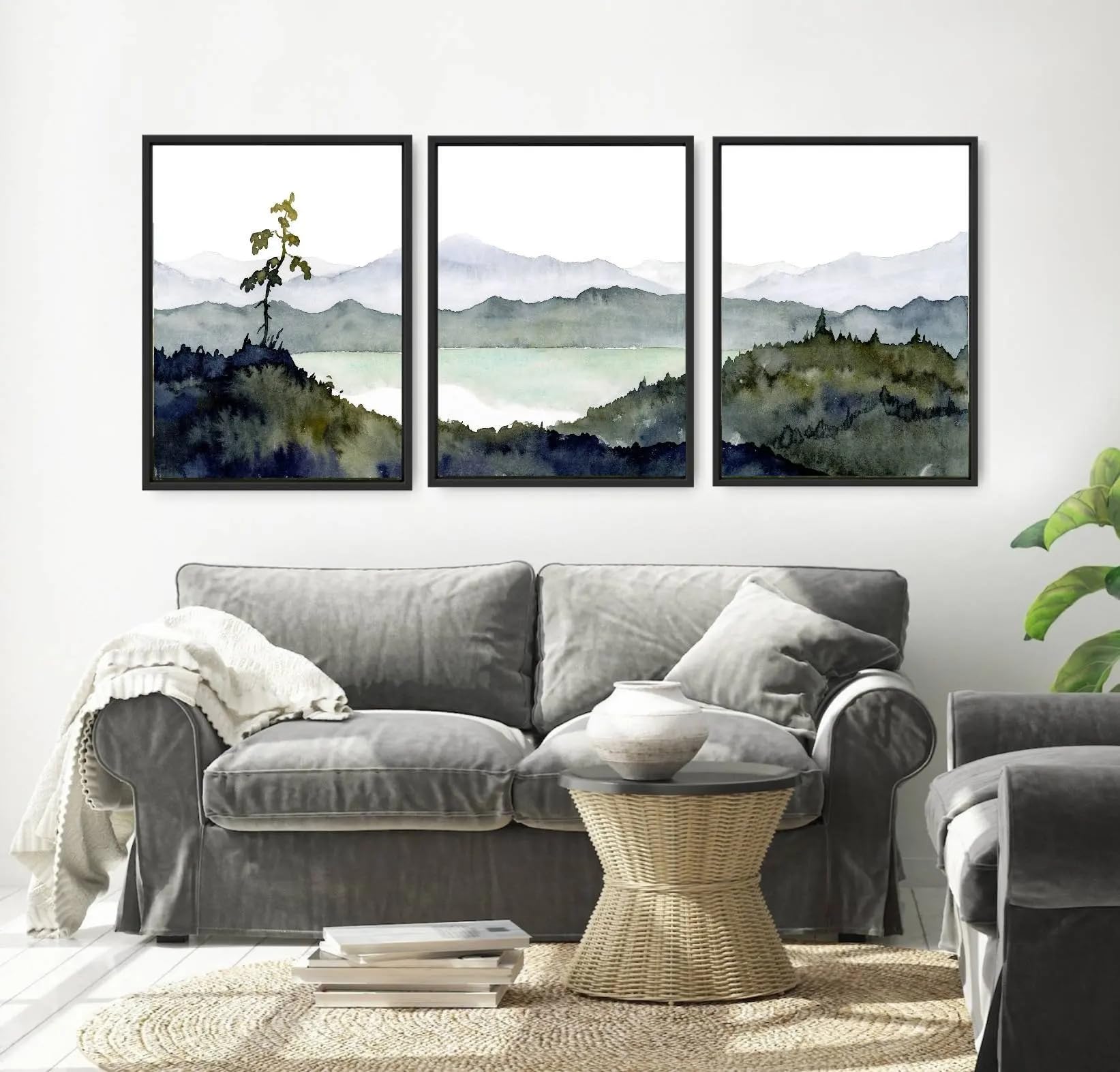 LTjiajuypd Watercolor Mountain Lake Wall Art Neutral Forest Landscape Canvas Prints Minimalist Boho Home Decor(60x80cm-3Pcs)