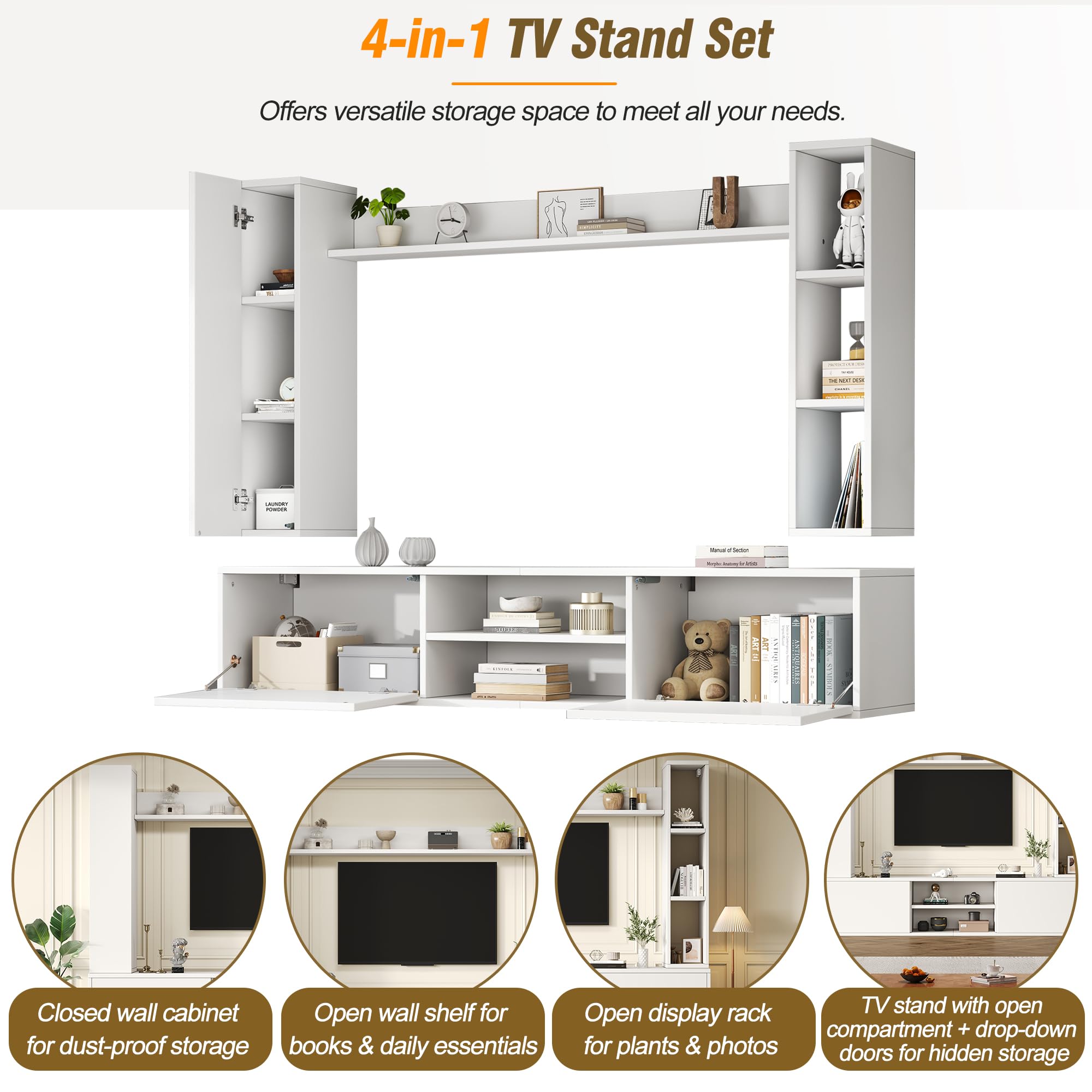 Set completo da parete per soggiorno, TV, mobili da soggiorno (set completo, 4 pezzi), scheda TV (vetrine) + scaffale + 2 mensole da parete (in piedi/sospeso), per TV fino a 80", 180 x 35 x