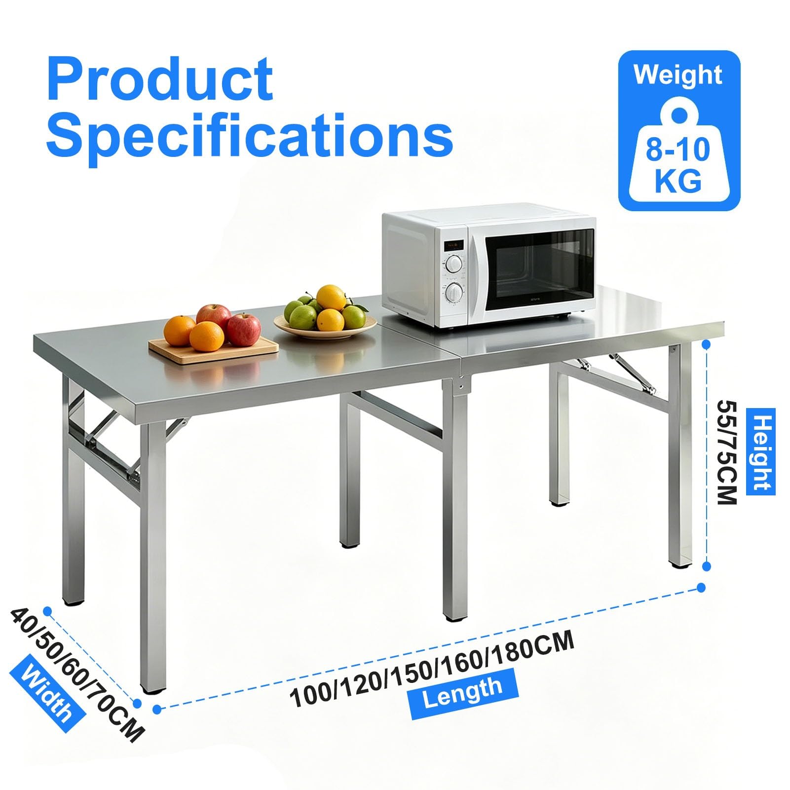 Tavolo da lavoro pieghevole in acciaio inossidabile, banco da lavoro rettangolare per sala da pranzo e cucina, base aperta, certificato NSF, altezza regolabile 55/75 cm, tavolo multiuso argento