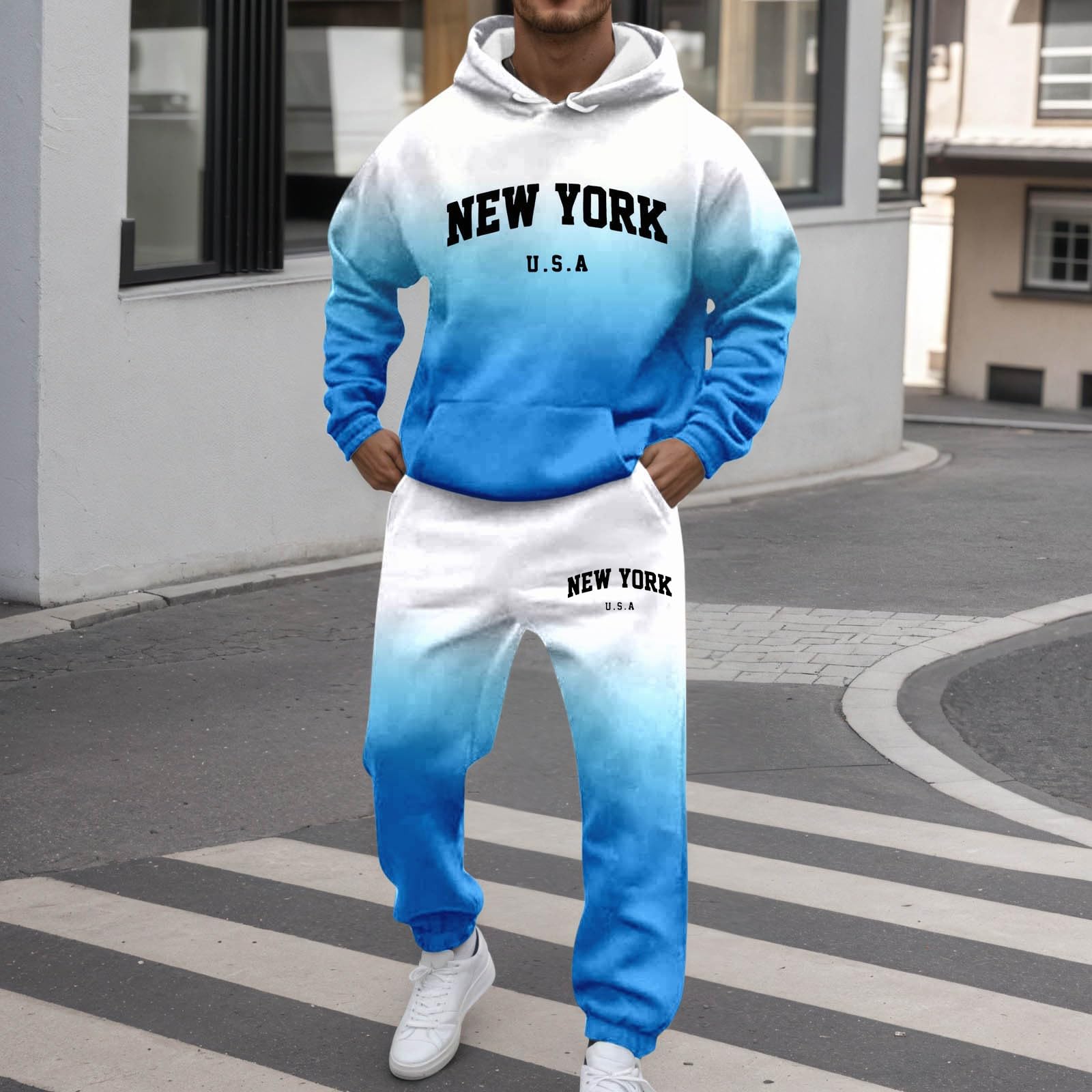 Conjunto de chándal para hombre New York Logo degradado Y2K Chándal con capucha y pantalones de chándal de dos piezas de manga larga con bolsillos cómodo Conjunto de chándal holgado de fitness