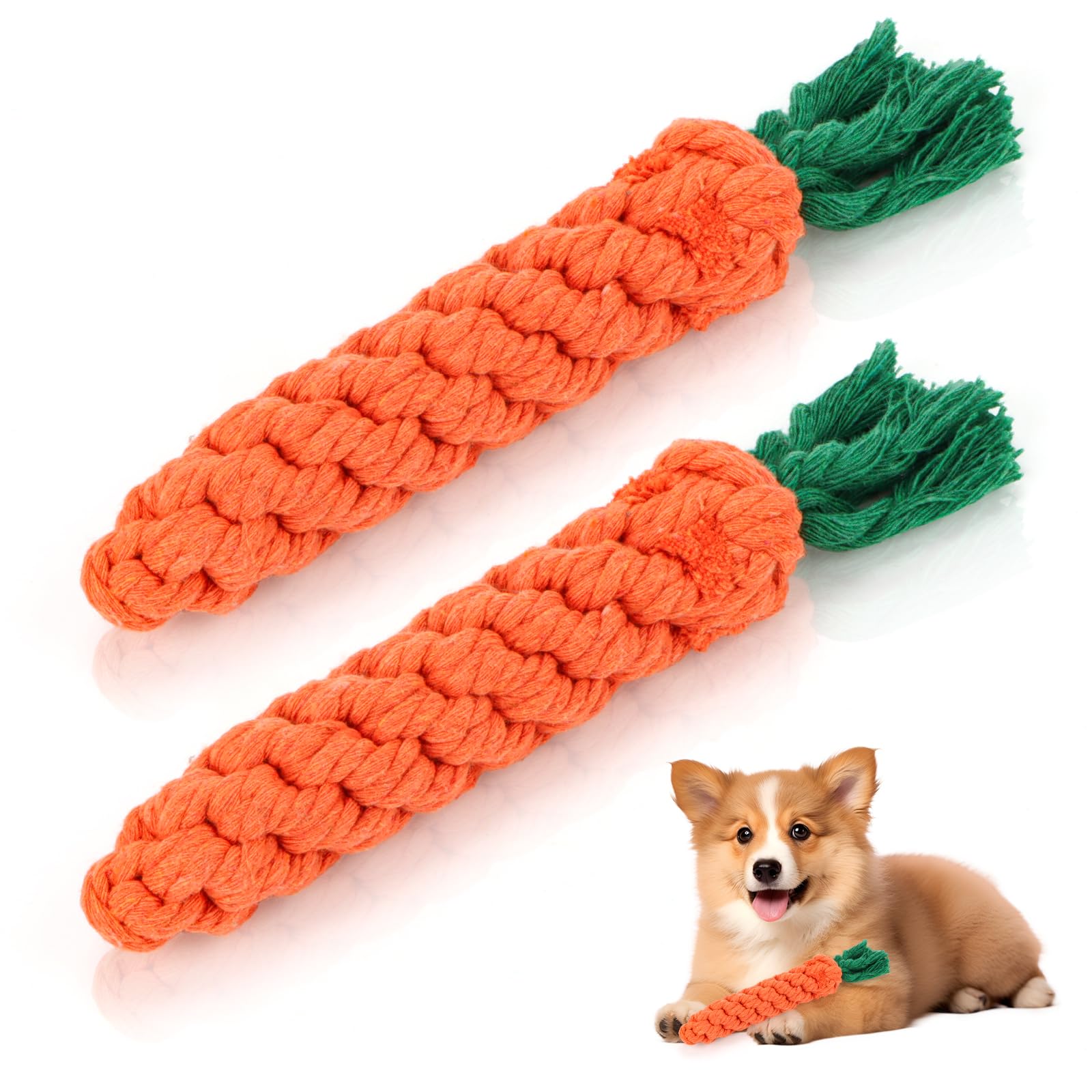 Wvu & Wvo 2 Stück Hundeseilspielzeug Seil Karotte, Zerrspielzeug für Hunde, Kauspielzeug für Welpen, Hundespielzeug Geflochten mit Knitterpapier Anhängern, Möhre