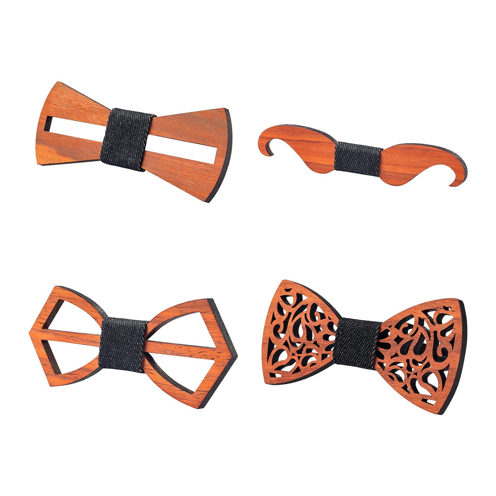 KASTWAVE Wooden Bow Tie, 4 Pieces Wooden Bow Tie Handmade Customized Solid Wood Bow Tie Creative Wedding Wooden Bow Tie Necktie Wooden Bow Tie Cuff-Links Pocket Squares Suit for Every Proper Occasion