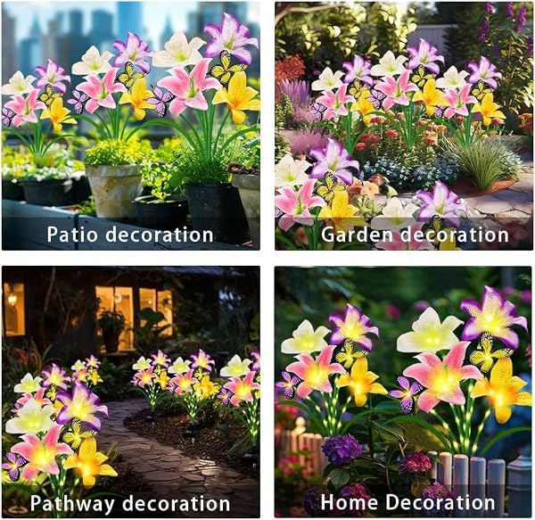 Solar Lights Outdoor, Gift for Women Mom Grandma, 4 Pack with 16 Solar Lily Flower Lights and Butterfly Decor, Solar Flower Lights Waterproof, Outside Decor Stake Light for Landscape Yard Patio Lawn by yulloyello - Image 5