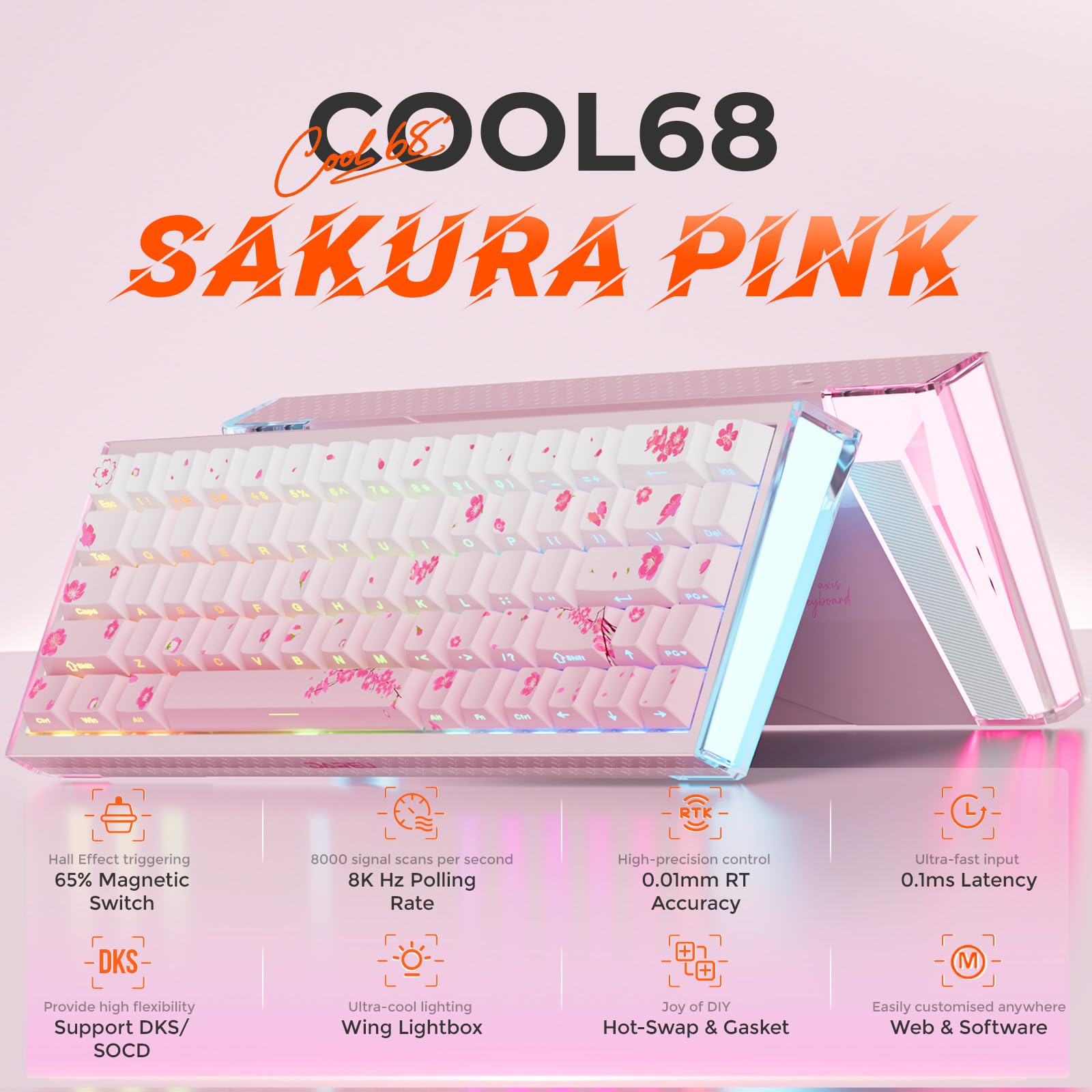 DAREU COOL68 Sakura Pink Clavier Gaming 8000 Hz Rapid Trigger, Précision RT de 0,01mm, 65% Filaire Clavier avec Magnétique Hall Effect Switches, Hot Swap, Gasket, 20 RGB Modes, Actionnement Réglable
