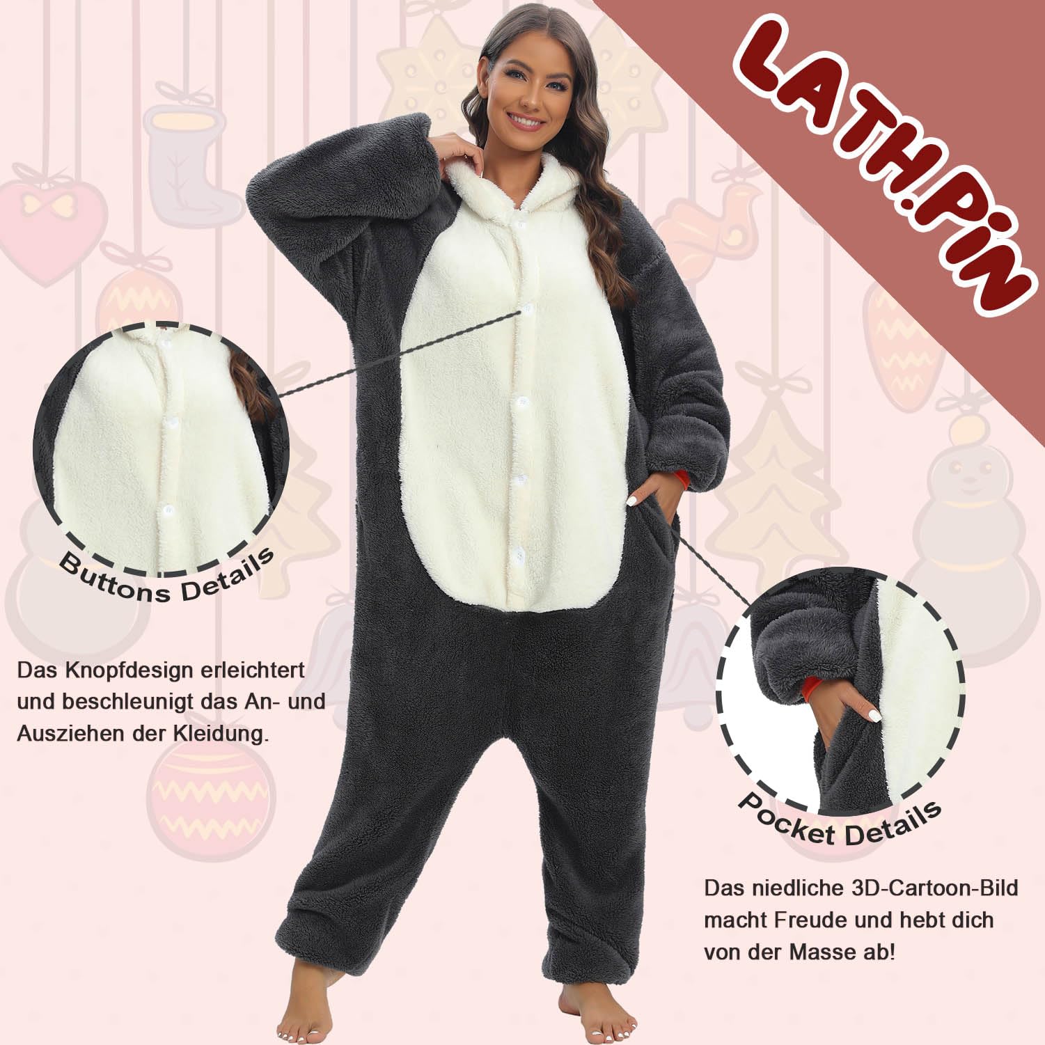 LATH.PIN Adulto Kigurumi Pigiama Unisex Anime Animale Costume Cosplay Costume Tuta Onesies Set Pigiama Panda Biancheria da Notte Sleepwear, Peluche pinguino, S