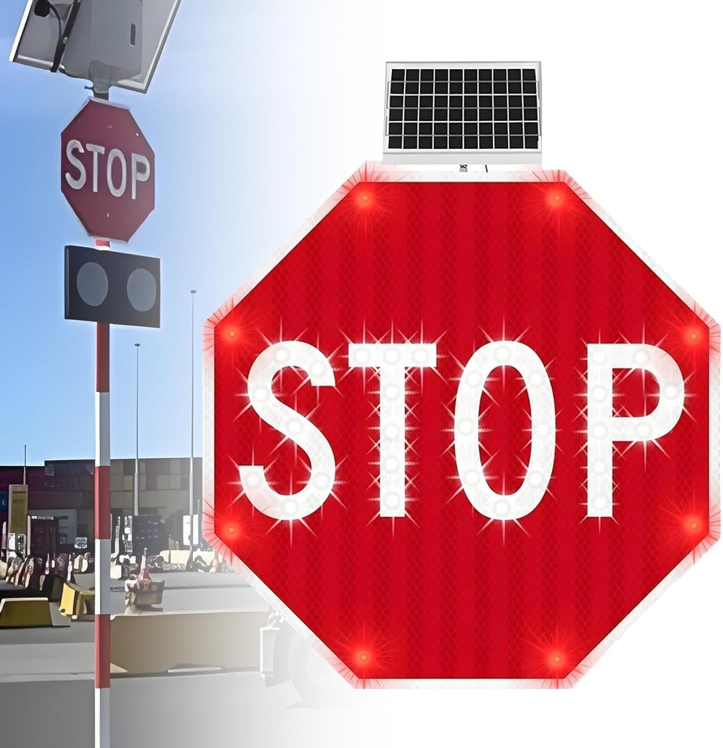Heavy-Duty Solar LED Blinking Stop Sign - Aluminum Octagon Traffic Sign for Intersections & Crosswalks - Enhanced Safety & Visibility