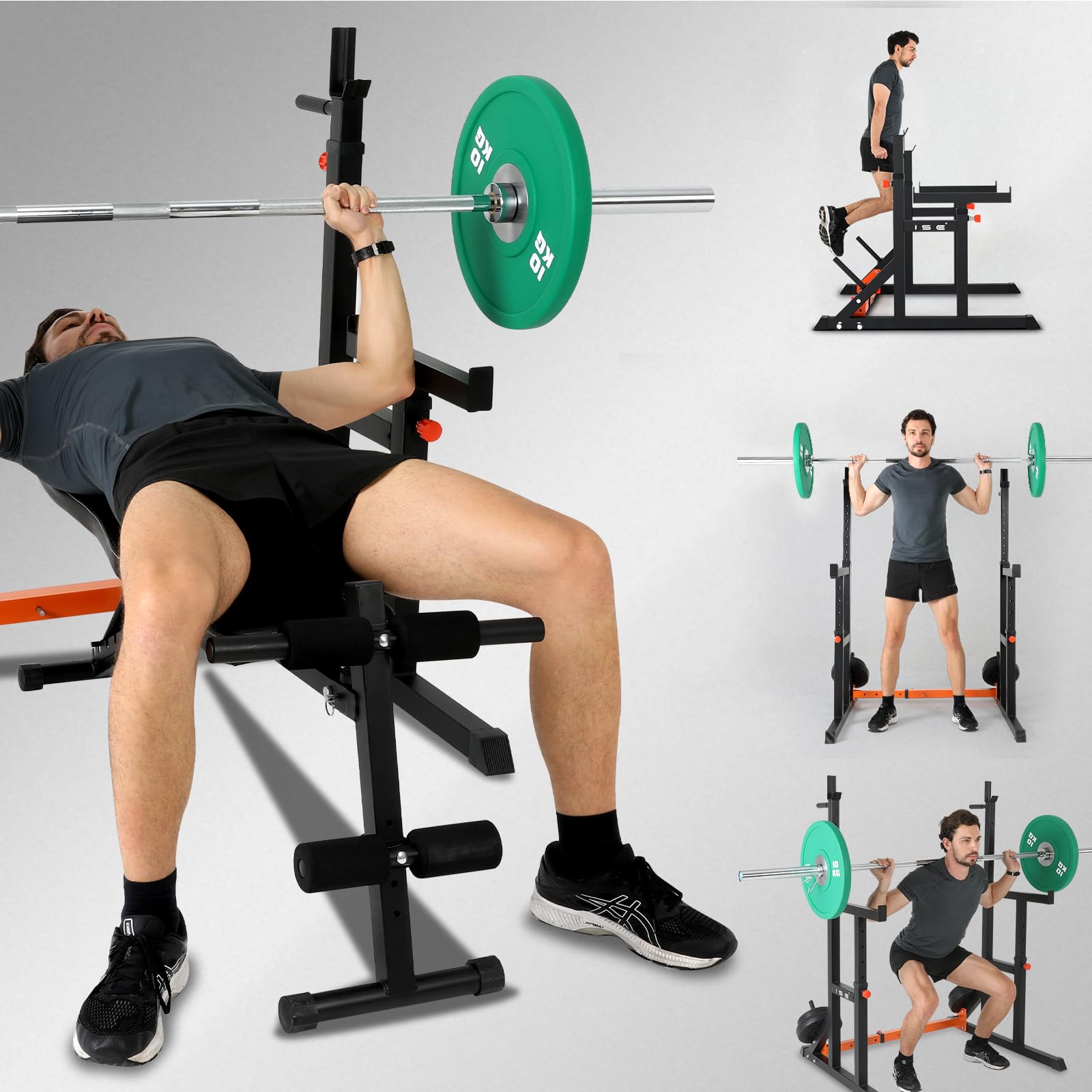 ISE Support Barre de Musculation Multifonction, Rack Squat avec Barres pour Haltères, Cage de Musculation en Acier, Rack Musculation Hauteur et Largeur Réglable, Cage Squat, Home Gym Noir et Rouge