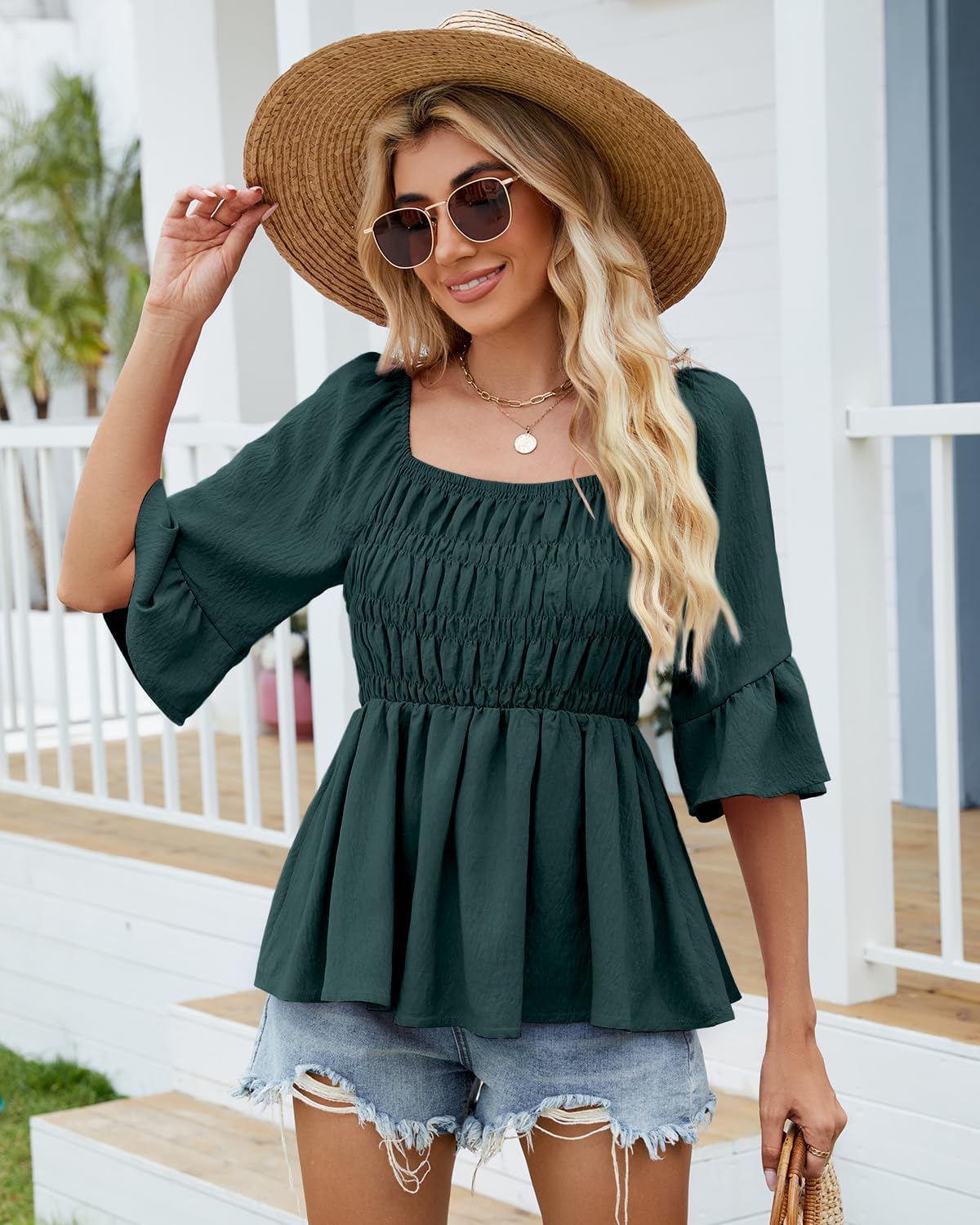 HEYTALALA Womens 3/4 Sleeve Tops Dressy Casual Square Neck Summer Peplum Blouses Ruffle Sleeve Babydoll Shirts 2025 Trendy - Image 5