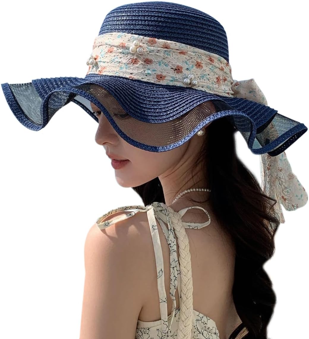 Womens Wide Brim Straw Sun Hats UV Packable Beach Hat Summer Bucket Cap for Travel