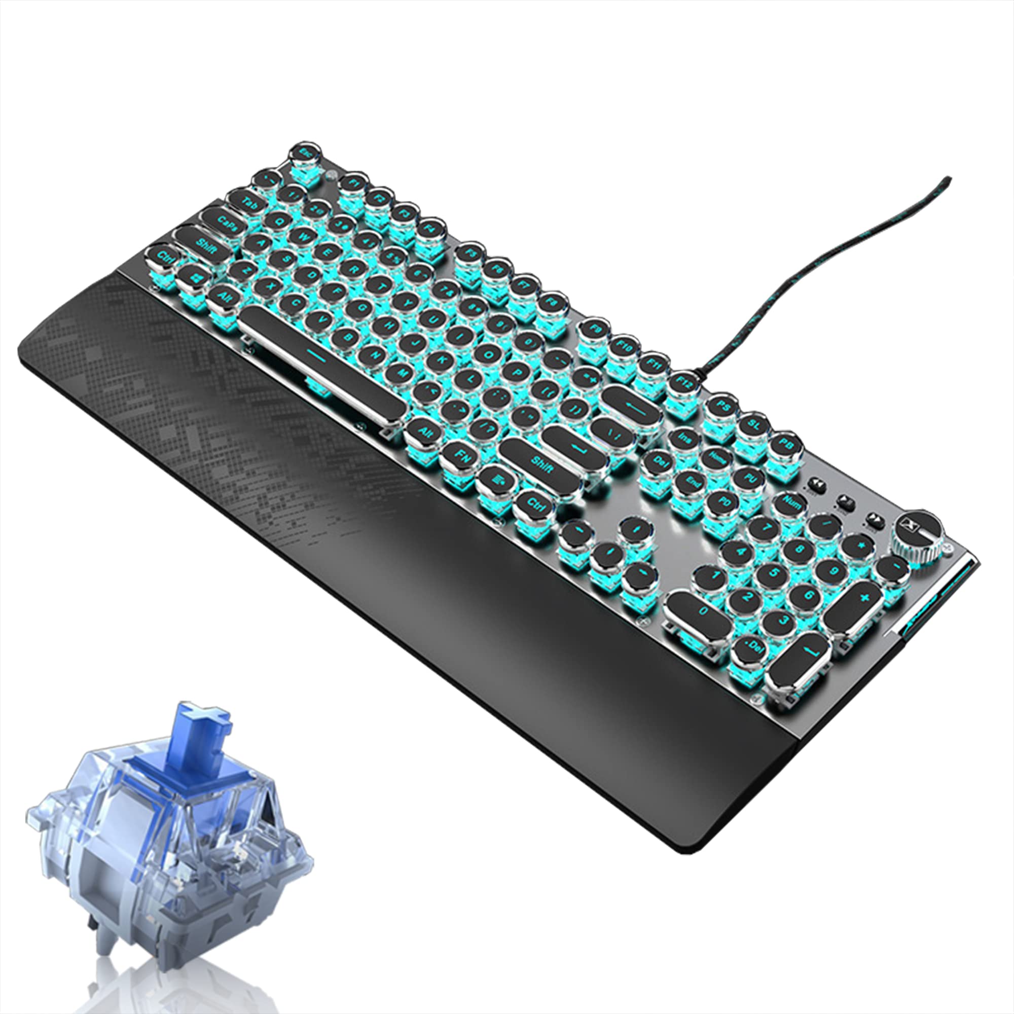 vol 【TTQK】X60 Punk Mechanical Keyboard, Gaming Gaming, Office Keyboard, Wired Computer Keyboard, Detachable Palm Rest, with RGB Backlight Blue Switch Metal Panel Round Keycaps (Black blue light)