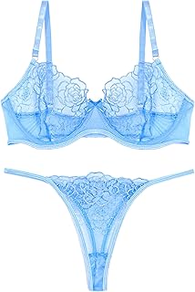 KEOYA Women's Sexy Floral Lace Lingerie Set Sheer Mesh Push Up Bra and Panty Sets 2 Piece See Through Nightgown