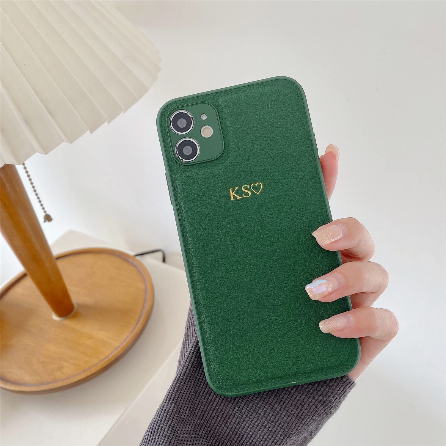 Personalise Gold Silver Initial Letters Leather PU Soft Case for iPhone 14 12 Pro Xs Max 13 Mini 11 X XR 7 8 Plus Luxury Covers (Dark Green)