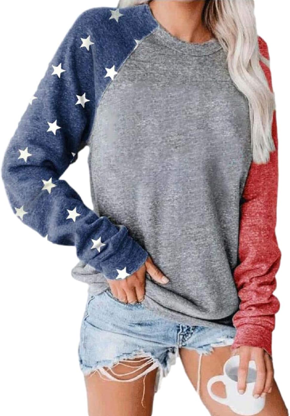 Womens Star Print Colorblock Shirt Long Sleeve American Flag 4th of July Pullvoer Blouse Tops