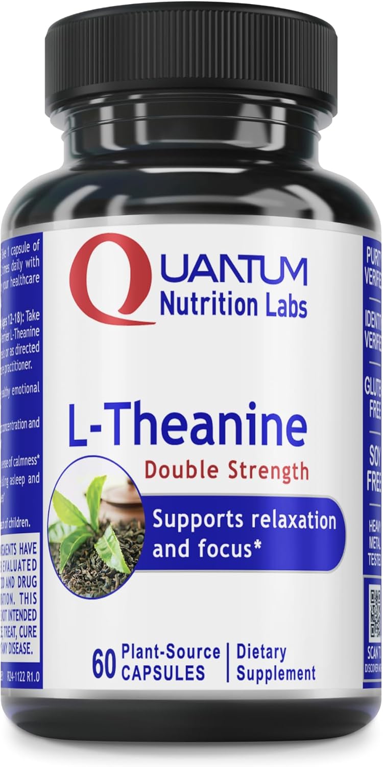 Quantum Nutrition Labs L-Theanine Extra Strength - Pure L Theanine Supplement 200mg, Focus & Energy for Men & Women, Amino Acid for Relaxation, Natural Support for Adults & Kids - 60 Vegan Capsules