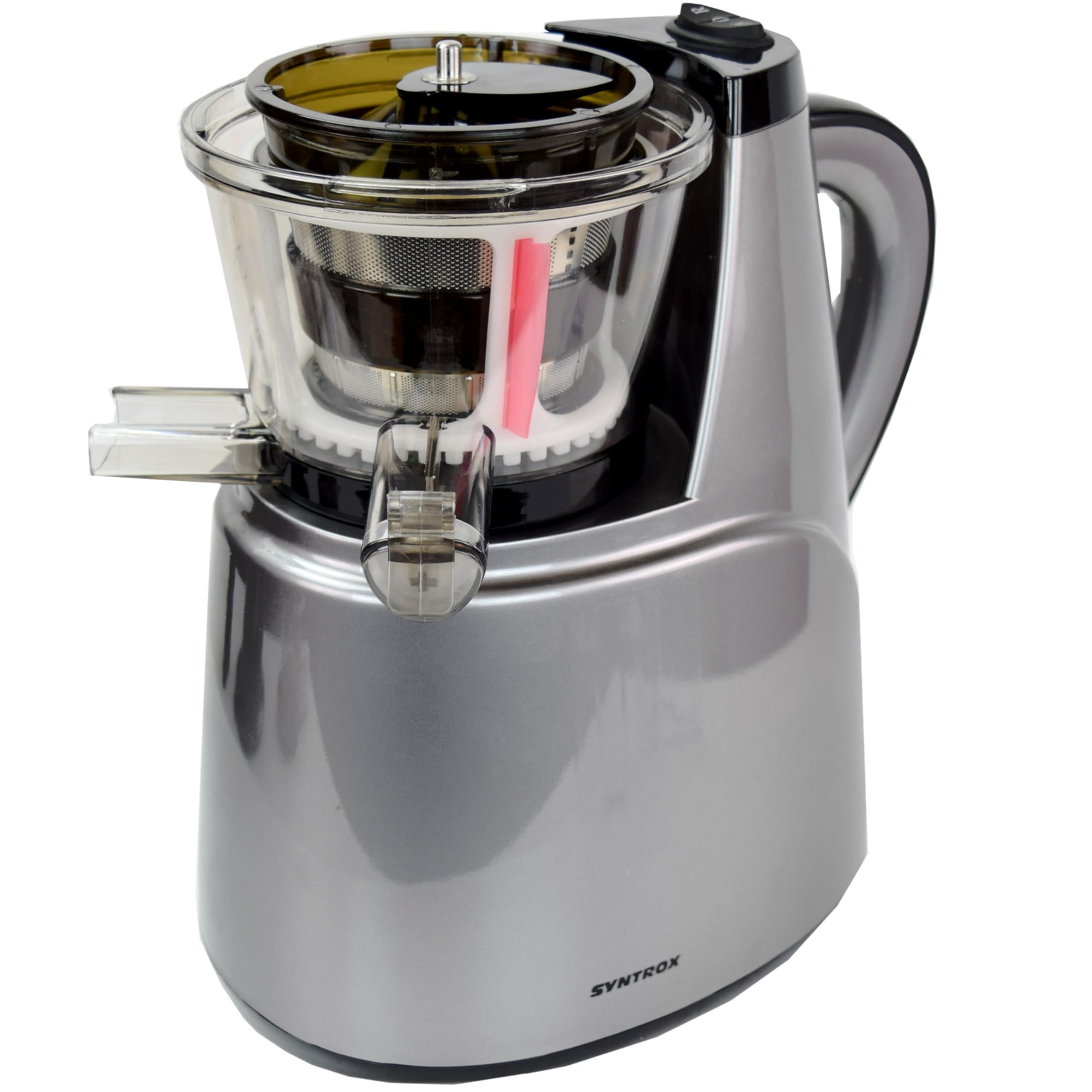 Syntrox Slow Juicer Quirzo | kleiner | kalt | langsam | Entsafter | Saftpresse, mit Aufsätzen, für Obst und Gemüse, 45 U/min, Küchengeräte, Schwarz-Silber