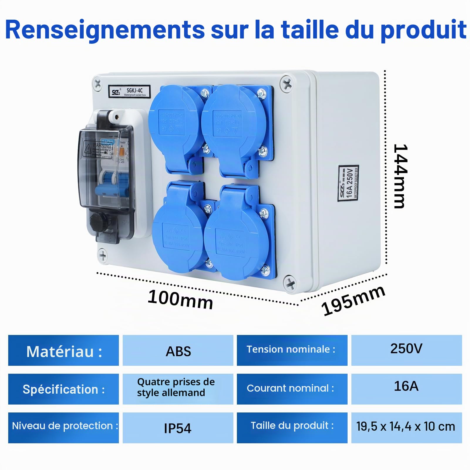 Répartiteur de courant de construction 16A Distributeur de courant fort Distributeur mural avec interrupteur 63A 1P+N Répartiteur de courant 16A avec 4 prises (250V 2 pôles) IP54 étanche.