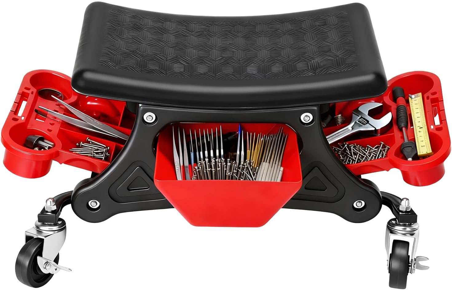 Mechanic Stool with Wheels,300 LBS Capacity Garage Stool,Heavy Duty Rolling Mechanics Seat with Slide Out Tool Trays and Drawer,Tools for Automotive Auto Repair RED