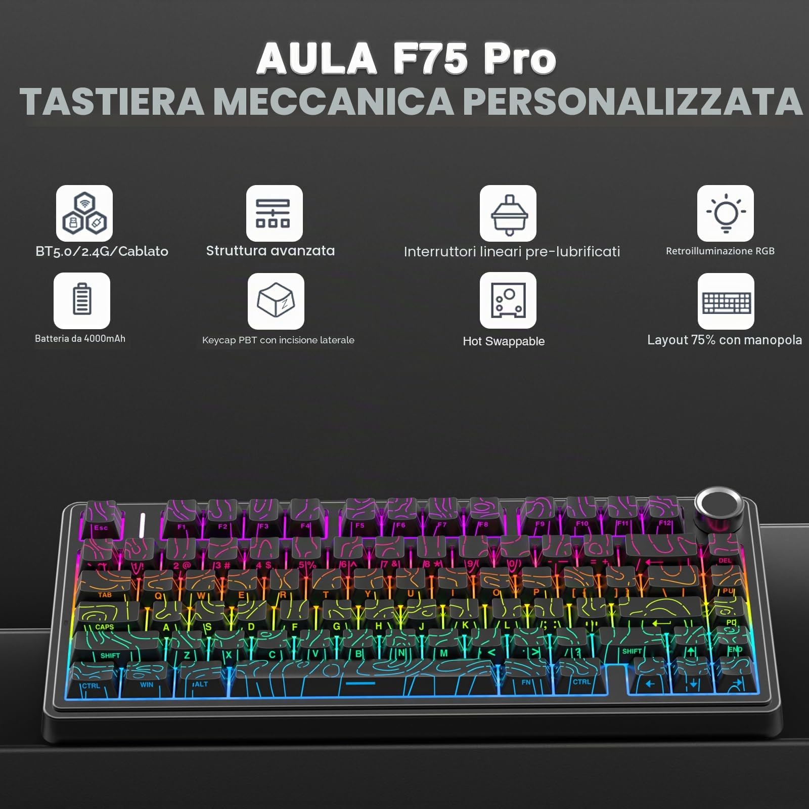 AULA Tastiera meccanica wireless F75 Pro con manopola, tastiere da gioco personalizzate sostituibili a caldo al 75%, retroilluminazione RGB, interruttori pre-lubrificati, tasti in PBT stampati