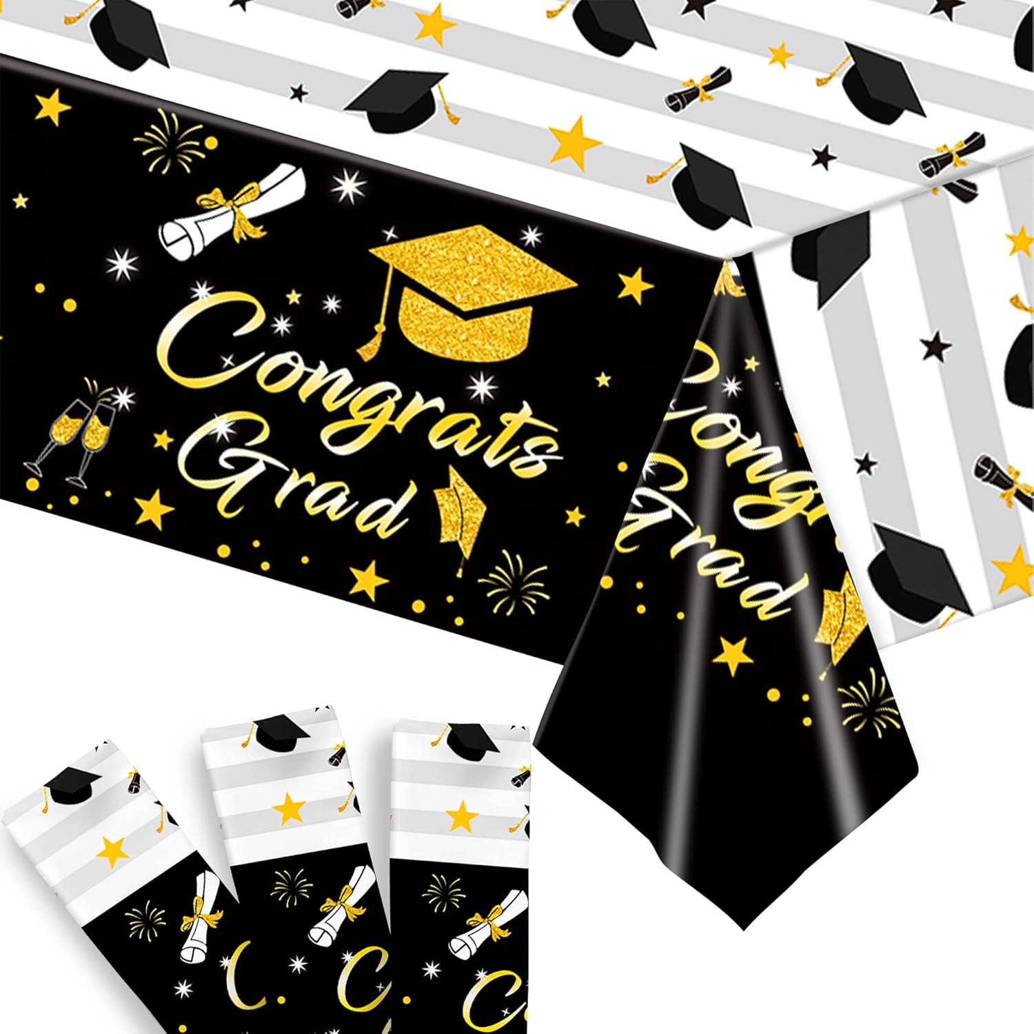 KatchOn, Black and White Graduation Tablecloths - 108x54 Inch, Pack of 3 with Graduation Plates and Napkins 2023 - Pack of 100, Serves 25 | Graduation Party Supplies 2023 Grad Plates and Napkins