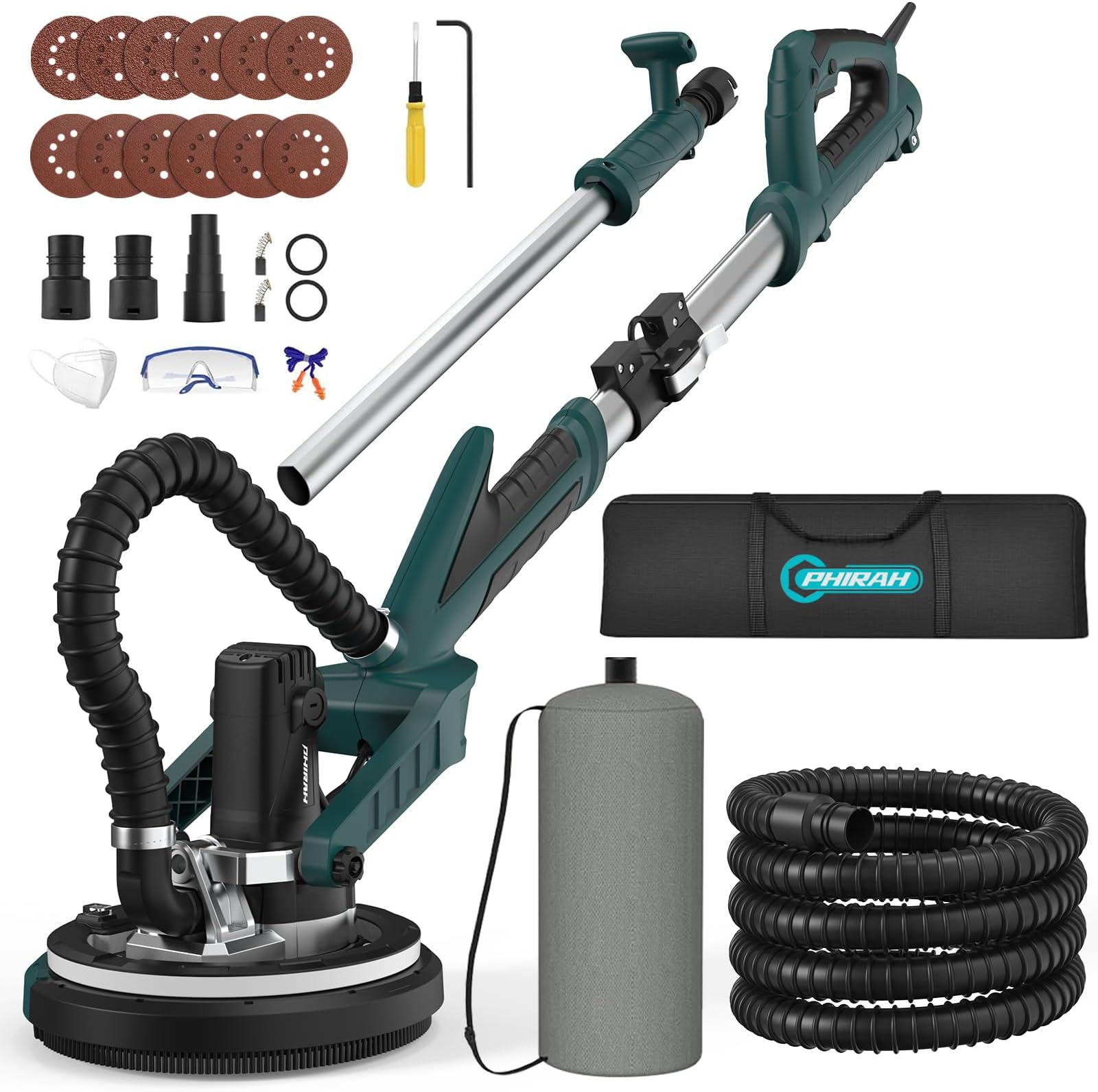 Drywall Sander with Vacuum Dust Collection, 800W Popcorn Ceiling Removal Tool, 7 Variable Speeds 900-1800RPM Ceiling Sander for Drywall with Extendable Handle, LED Light, 12 PCS Sanding Discs