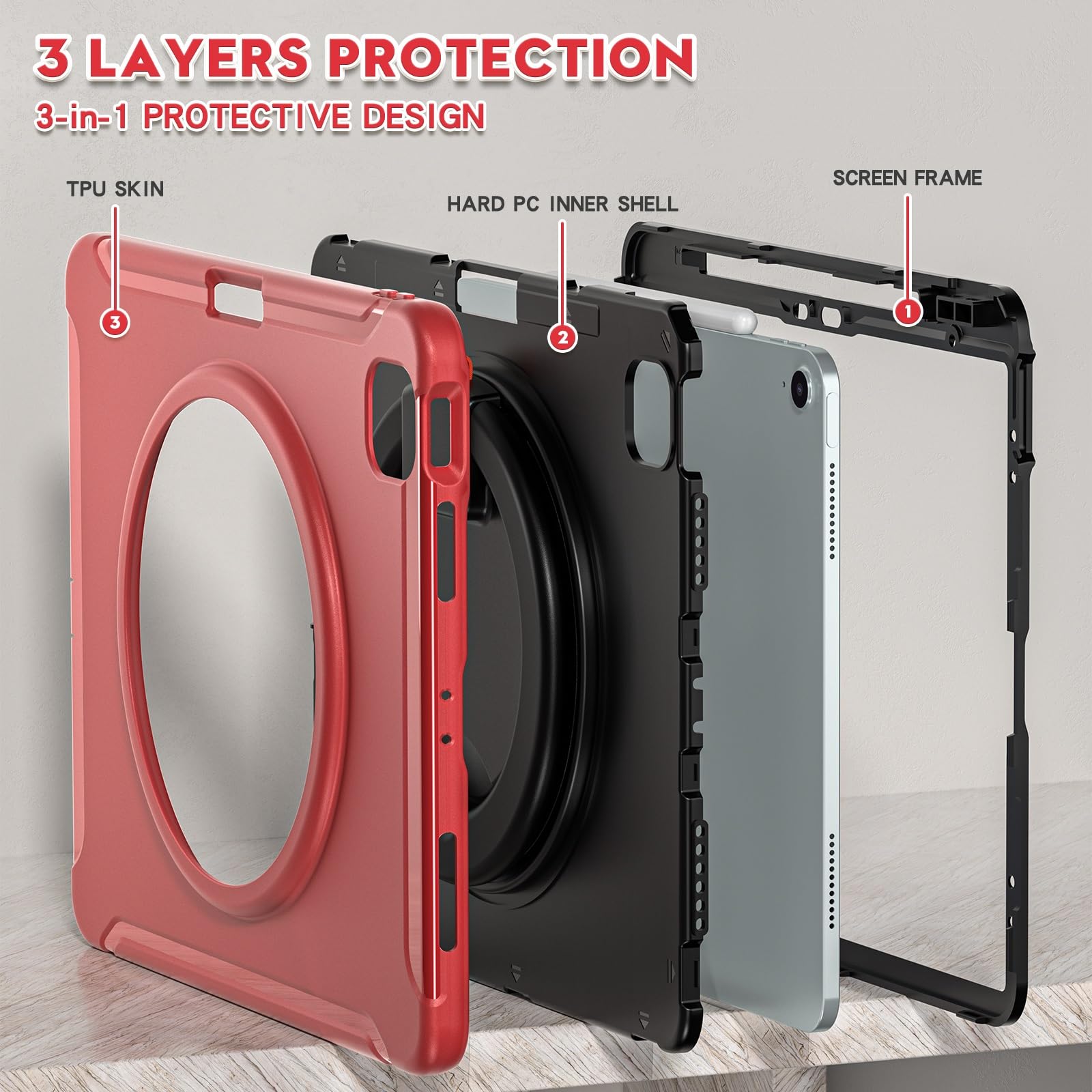 Custodia protettiva per tablet robusta per iPad Air 13 pollici, custodia protettiva robusta ibrida con impugnatura, supporto girevole (rosso)