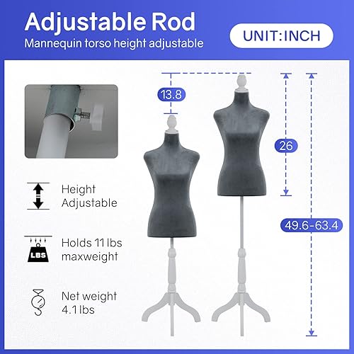 Miniatura 3 de Maniquí femenino, forma de vestido ajustable de altura de 50 a 63 pulgadas, maniquí de torso con trípode de madera para coser ropa, exhibición de