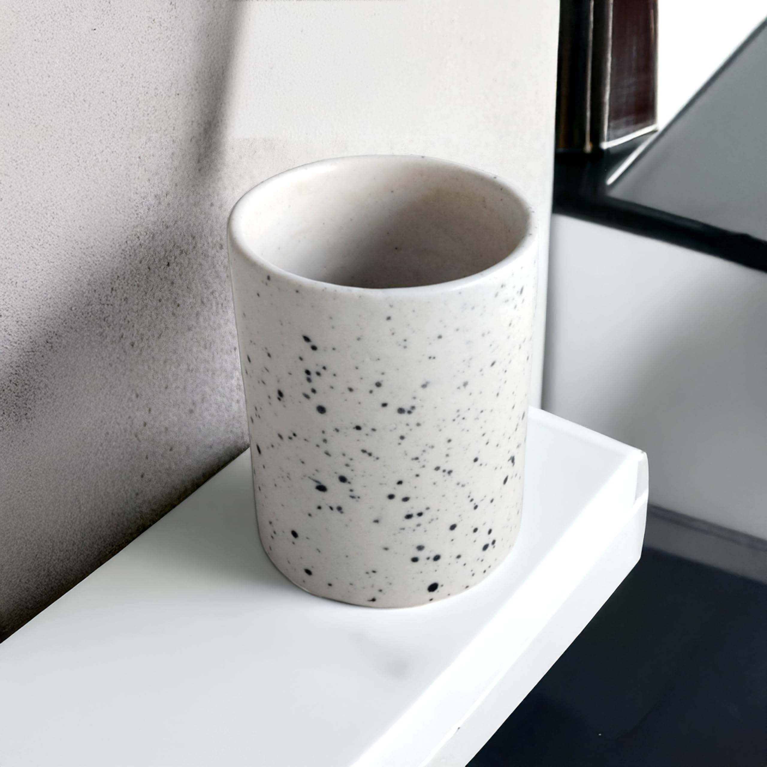 KALAKRITI Speckled Off-White Ceramic Utility Tumbler (Pack of 1) | Multipurpose Holder for Toothbrushes, Pens, Makeup Brushes & Bathroom Essentials | Organizer for Bathroom, Vanity, Desk & Home Décor-image-10
