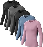 NebuKinex 5 Pack Women's Long Sleeve Compression Shirts - Quick Dry Breathable Workout Tops for Gym Yoga Running Hiking